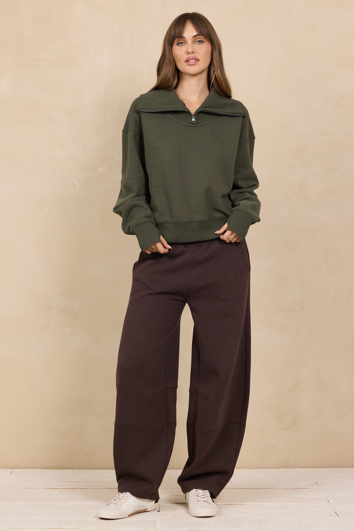 Soft Surf Wash Zippered Mockneck 2-Piece Set in Army Olive