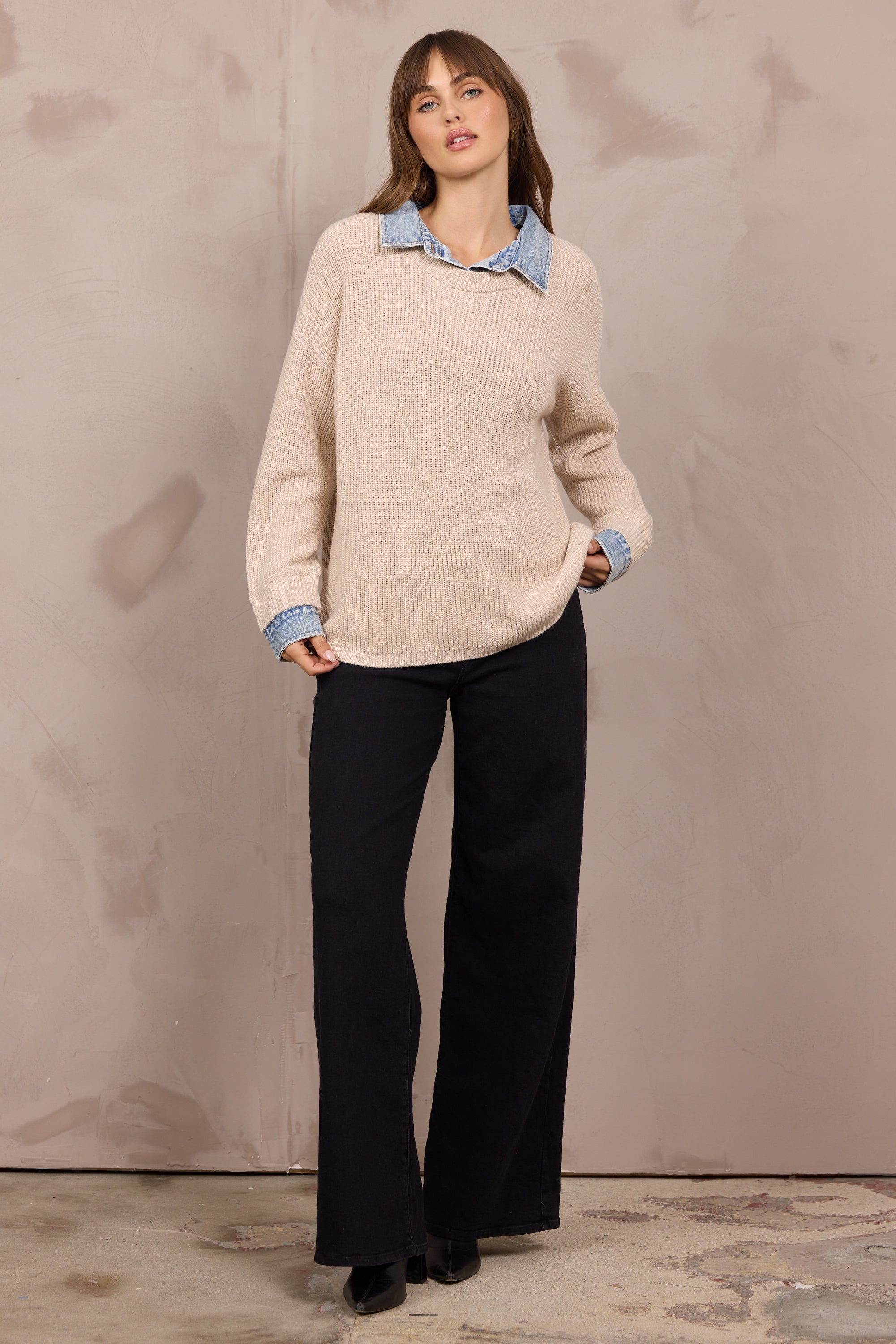 Sweater w/ Denim Collar/Cuff