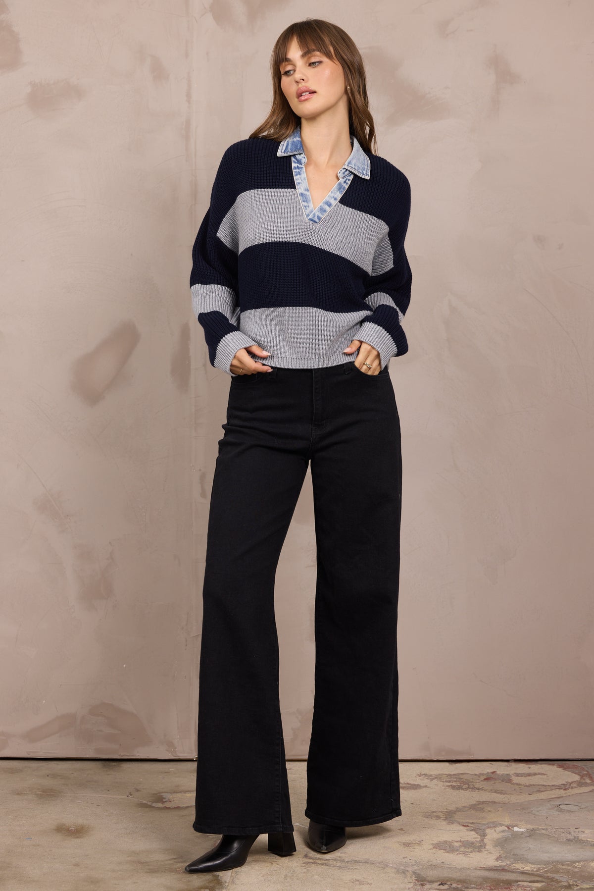 Stripe Sweater w/ Denim Collar