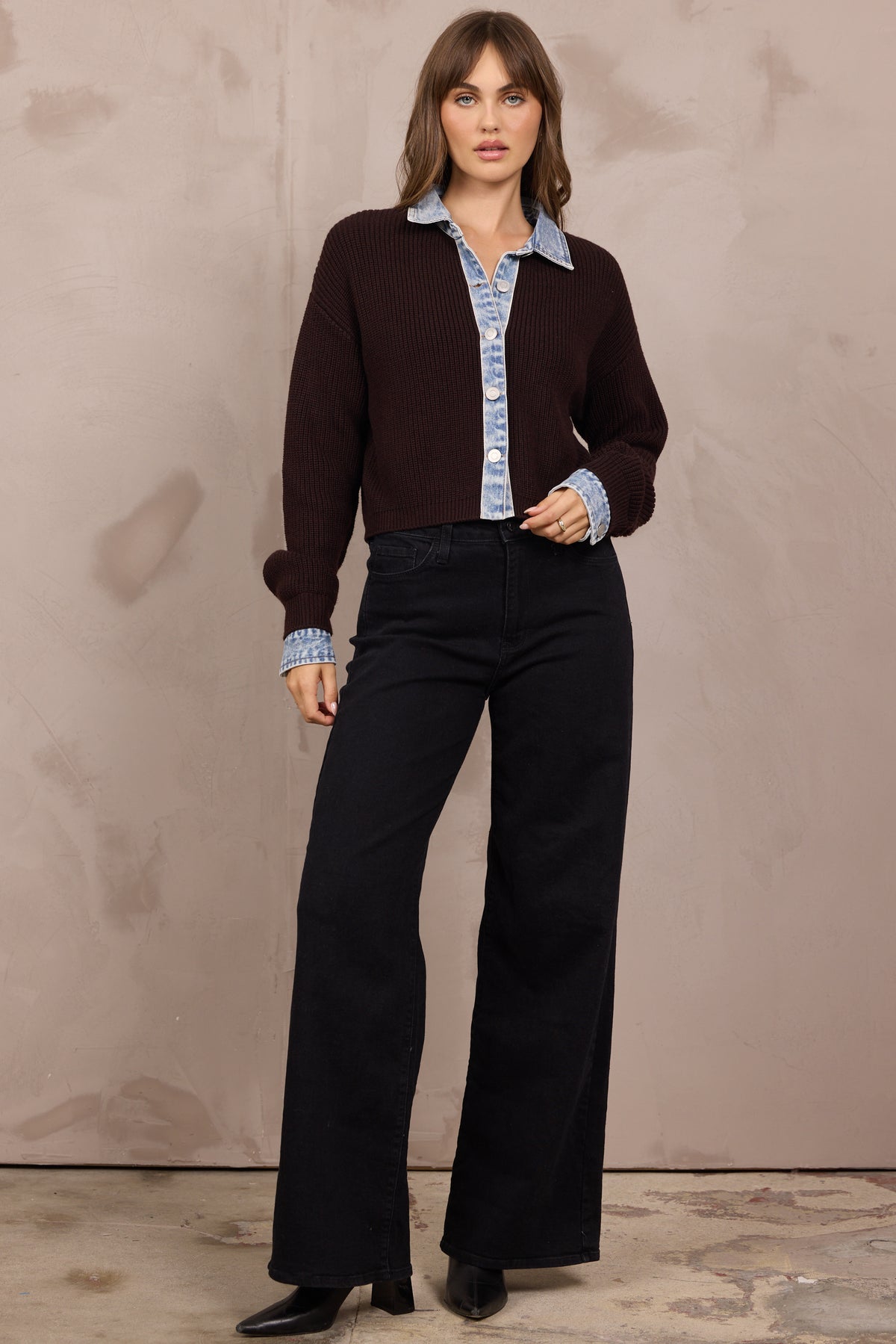 BUTTON FRONT CARDIGAN W/ DENIM COLLAR/CUFF