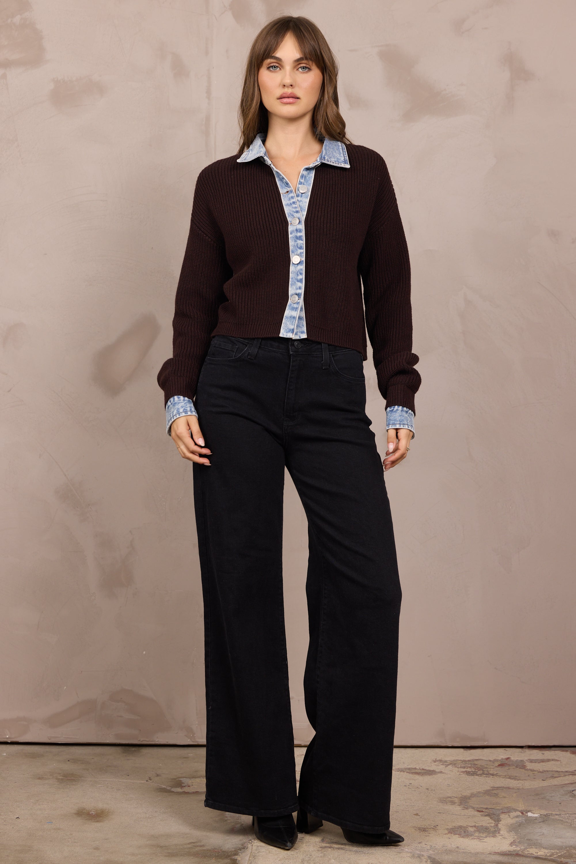 BUTTON FRONT CARDIGAN W/ DENIM COLLAR/CUFF