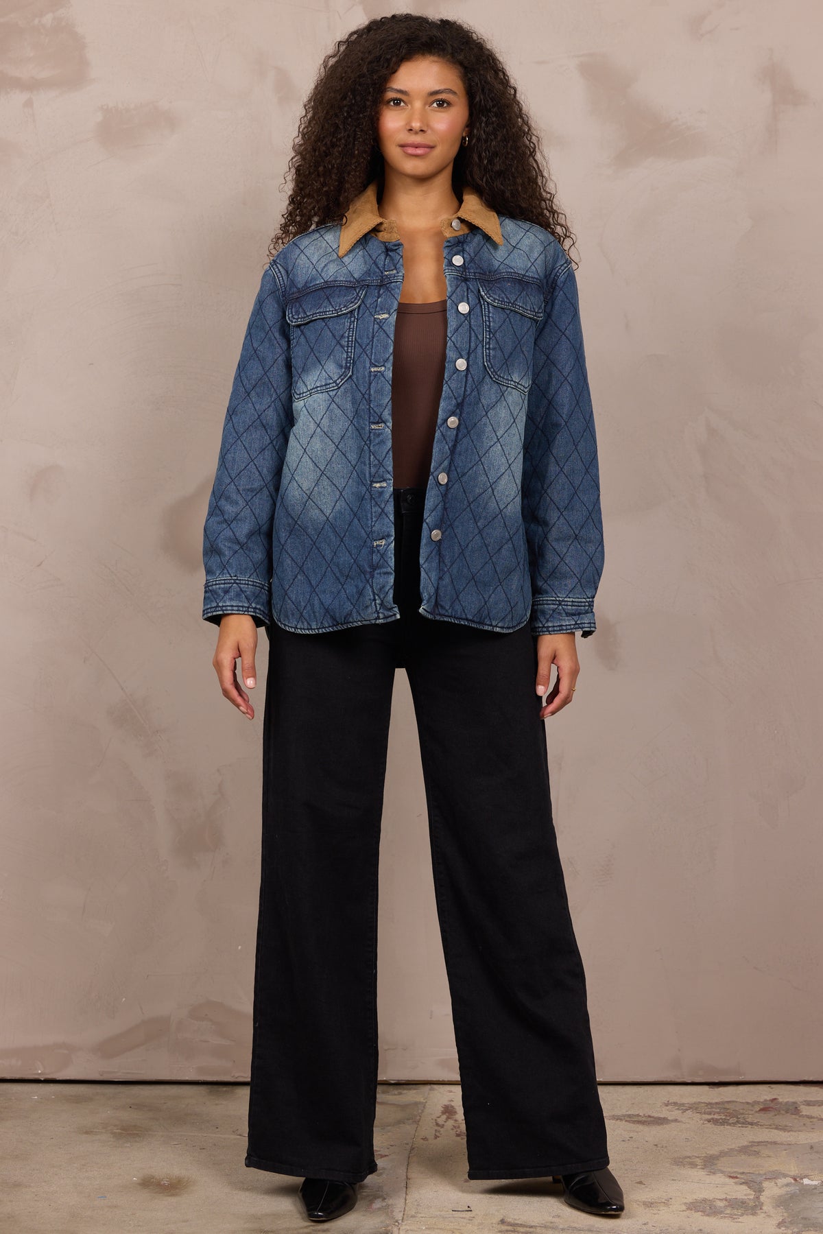 Blue Quilted Denim Jacket w/ Suede Collar