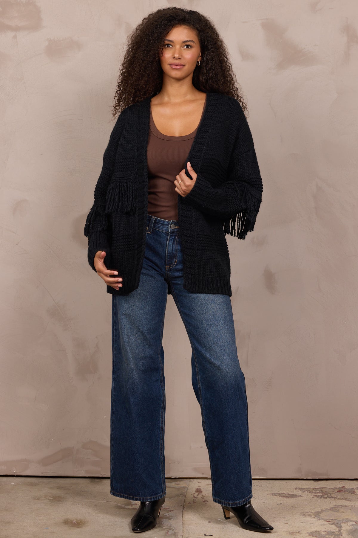 Cable Knit Cardigan W Fringe