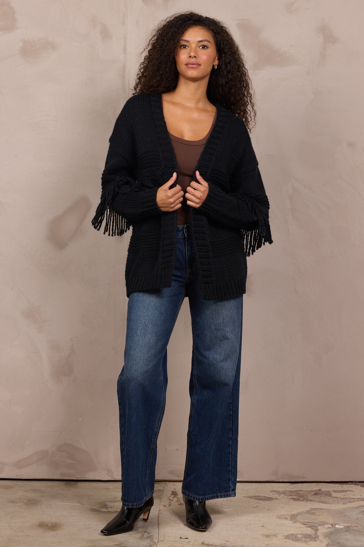 Cable Knit Cardigan W Fringe