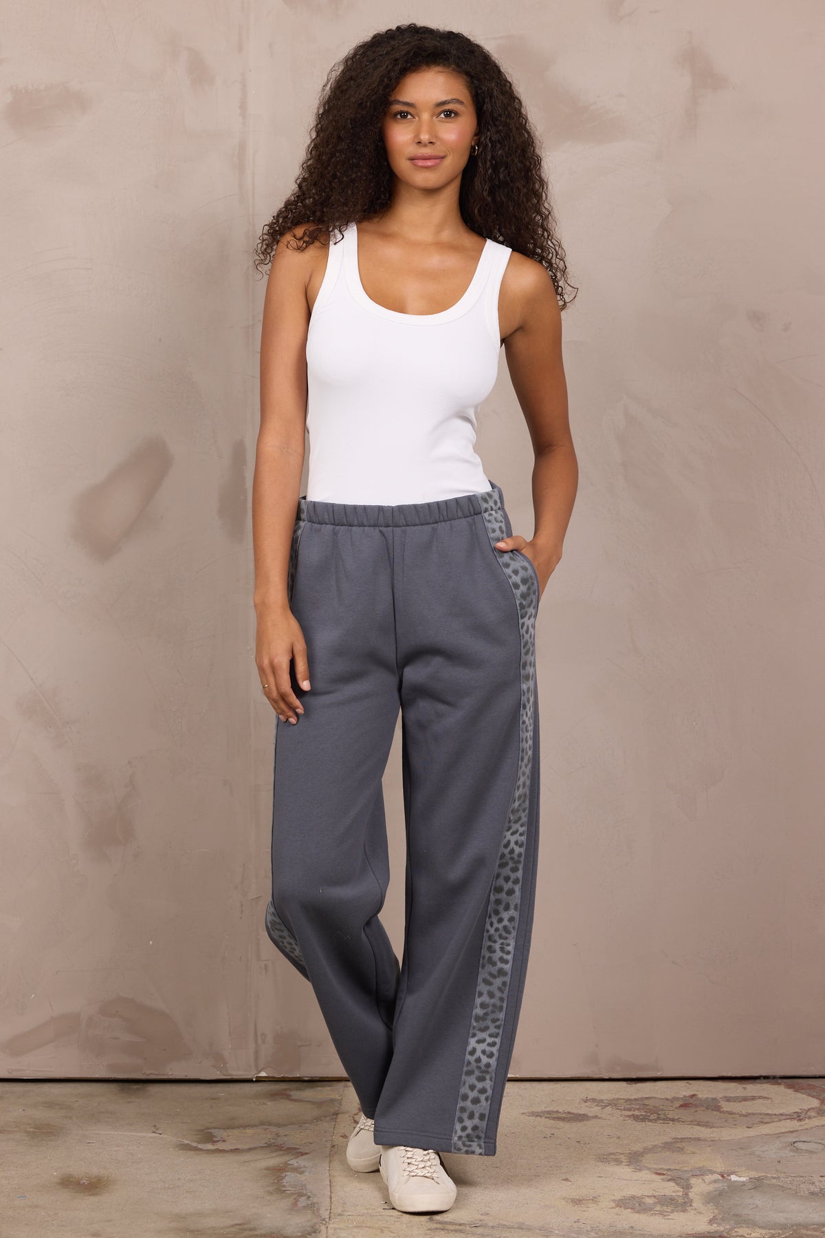 Fleece Wide Leg Pant w/ Leopard Trim