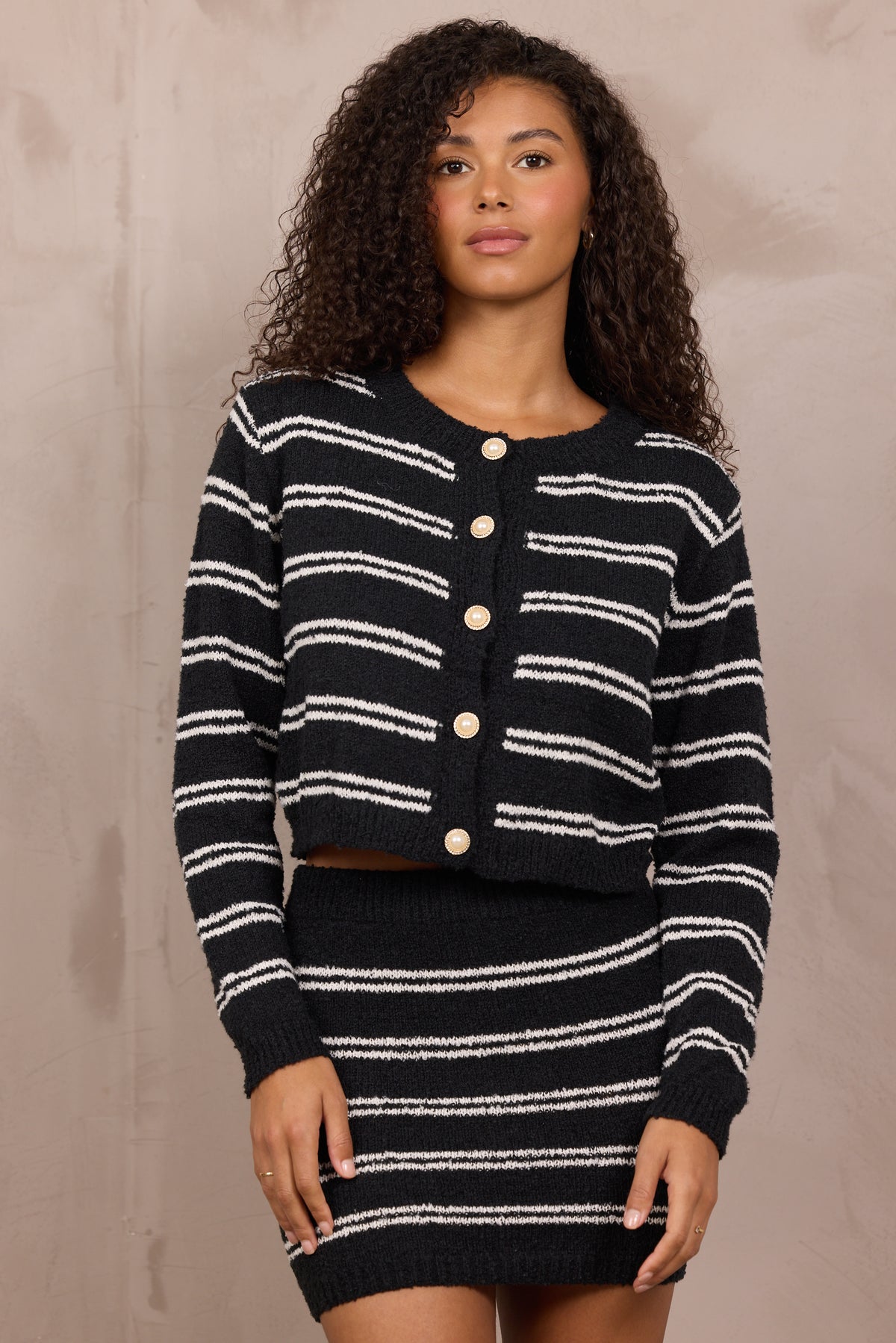 Stripe Knit Cardigan Sweater & Skirt Set - Black w/ white