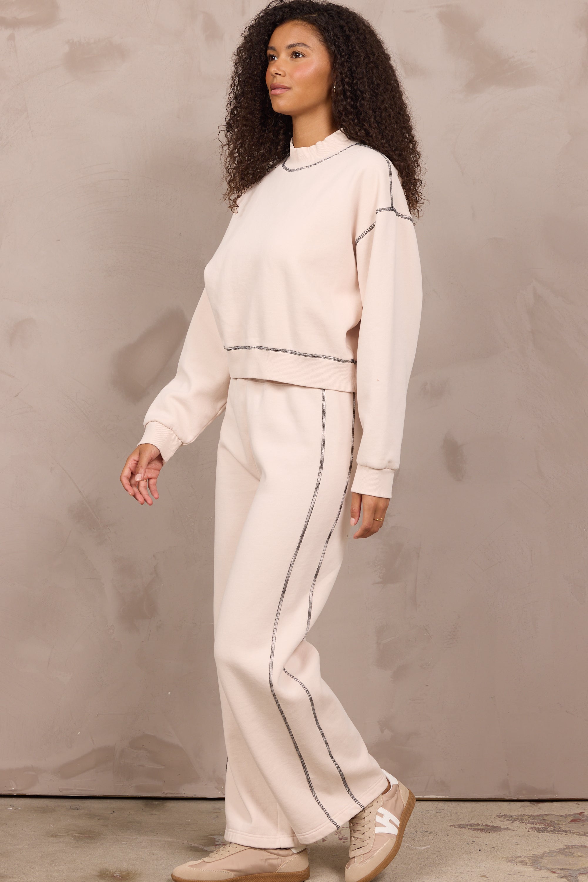 Garment Dye Mockneck 2-Piece Set in Pearl w/ Black