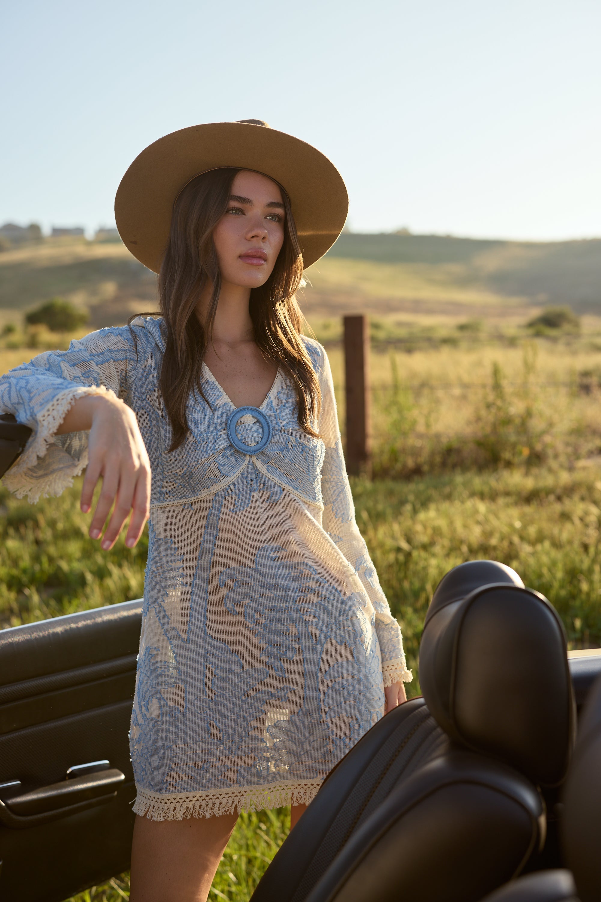O Ring Mini Dress with Bell Sleeves Small / Tropical Landscape