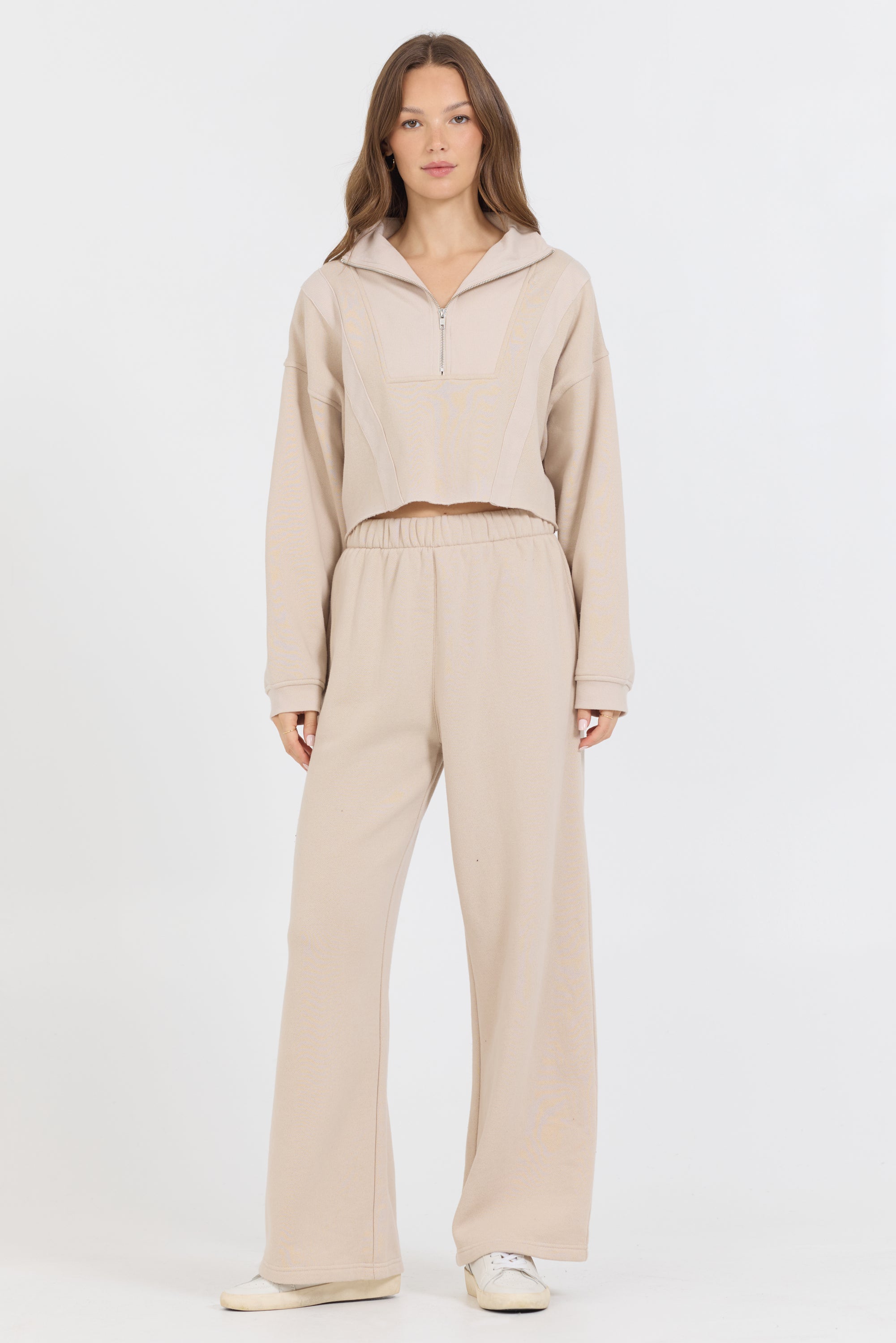 Vanilla Cream Cotton Blend Fleece Wide Leg Pant