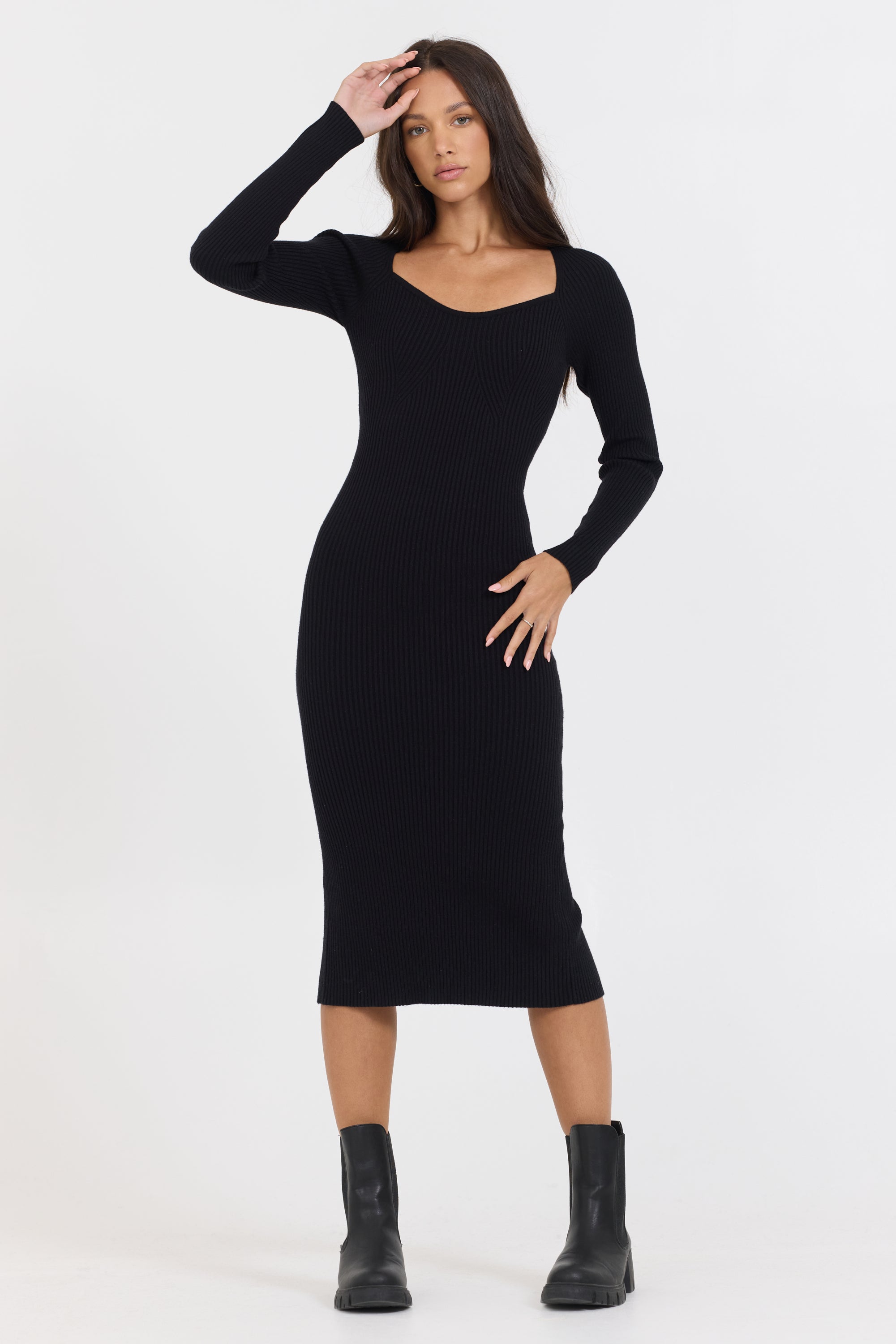 Black Fitted Rib Knit Midi Dress Medium / Black