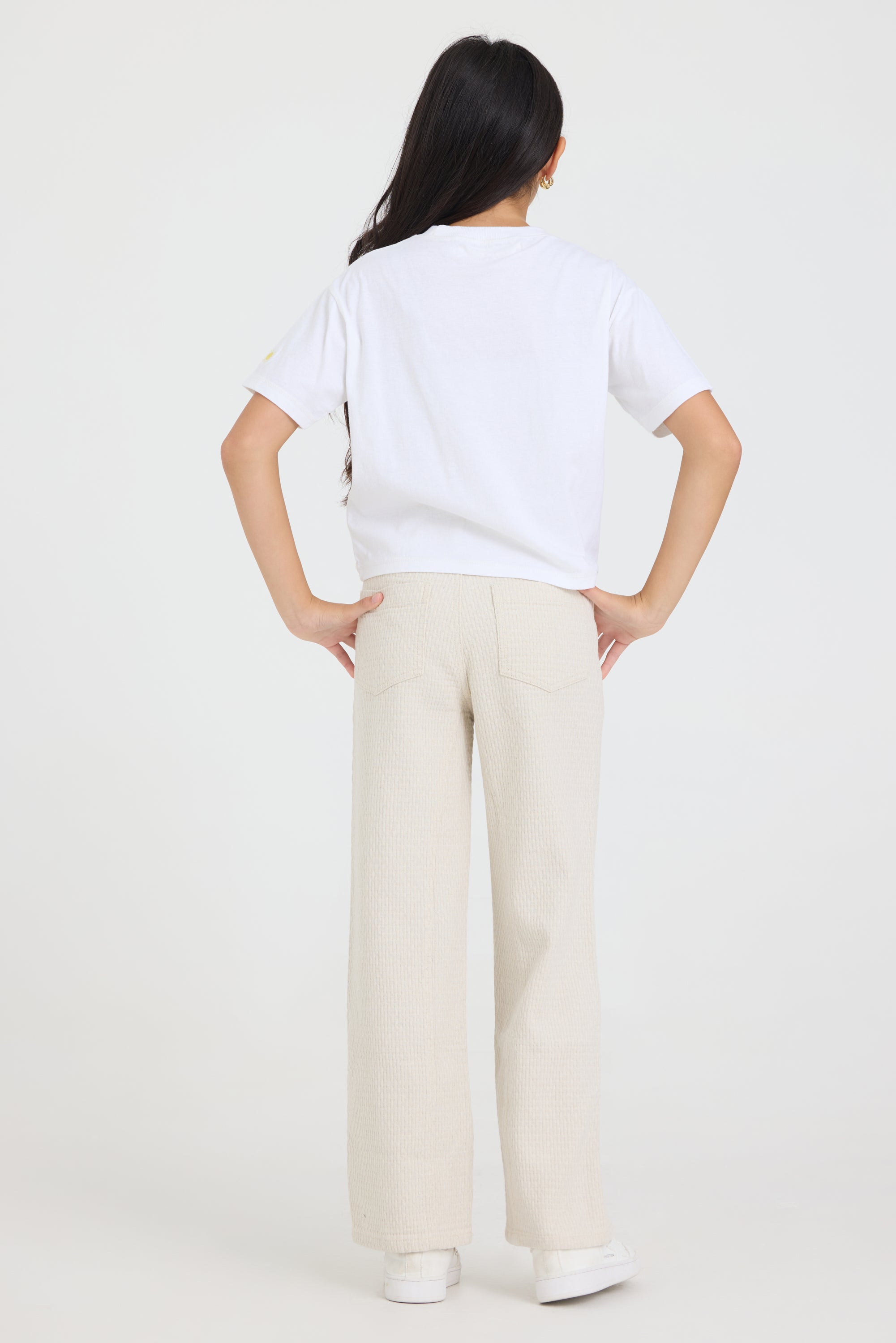 Kids Ivory Textured Pintuck Wideleg Pant with Drawstring