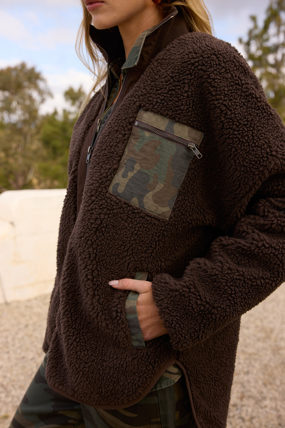 Brown Shearling Zip Front Jacket