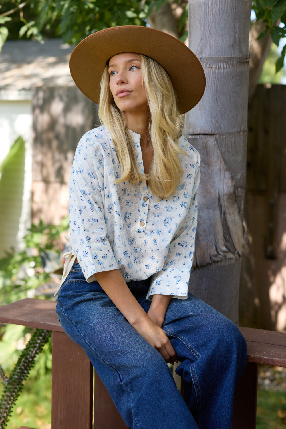 Button Front Short Sleeve Top Blue Ditsy Floral Shirt from Vintage Havana