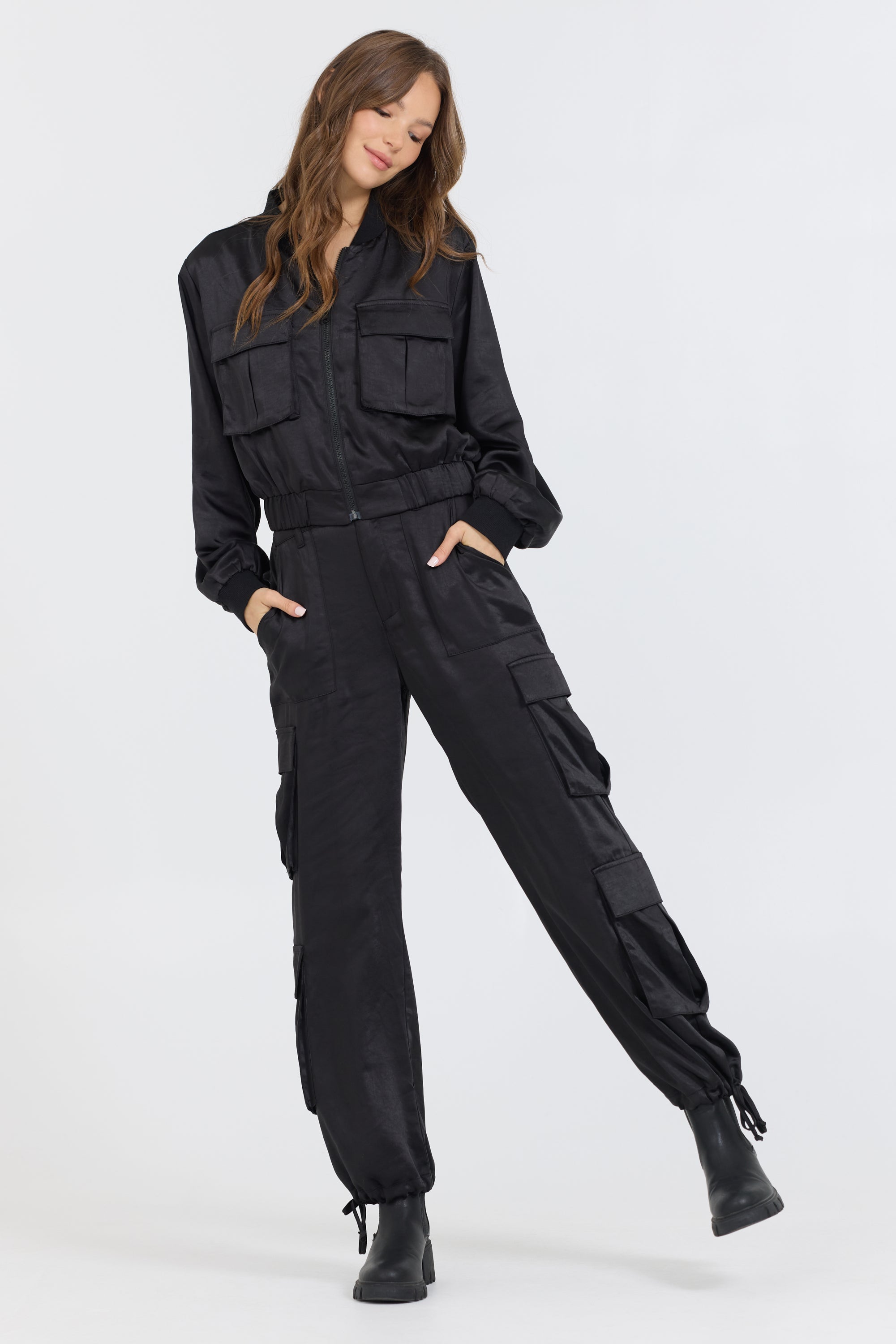 Black Heavy Satin Pants + Bomber 2-Piece Set