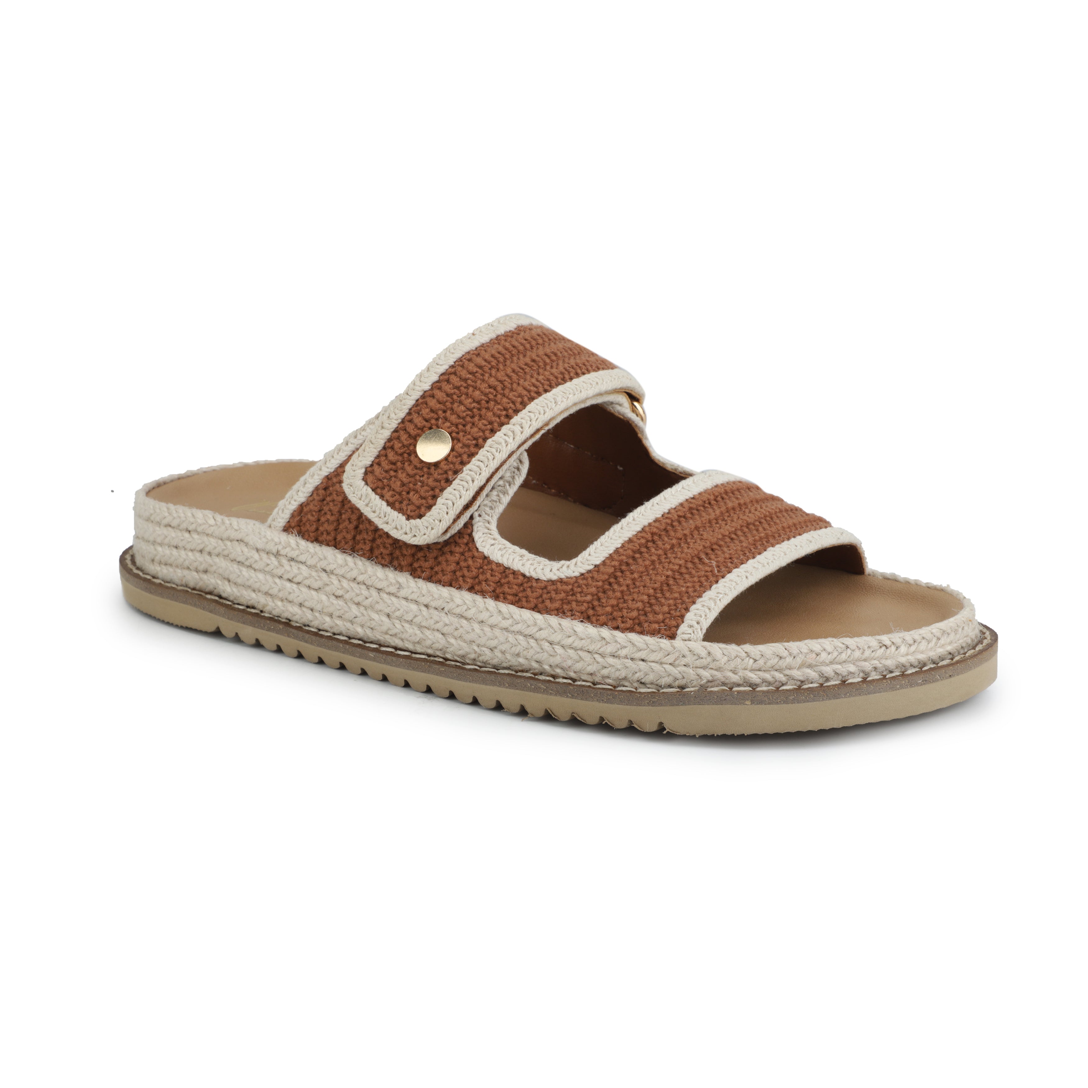 Brown and beige sandal with espadrille sole on a white background