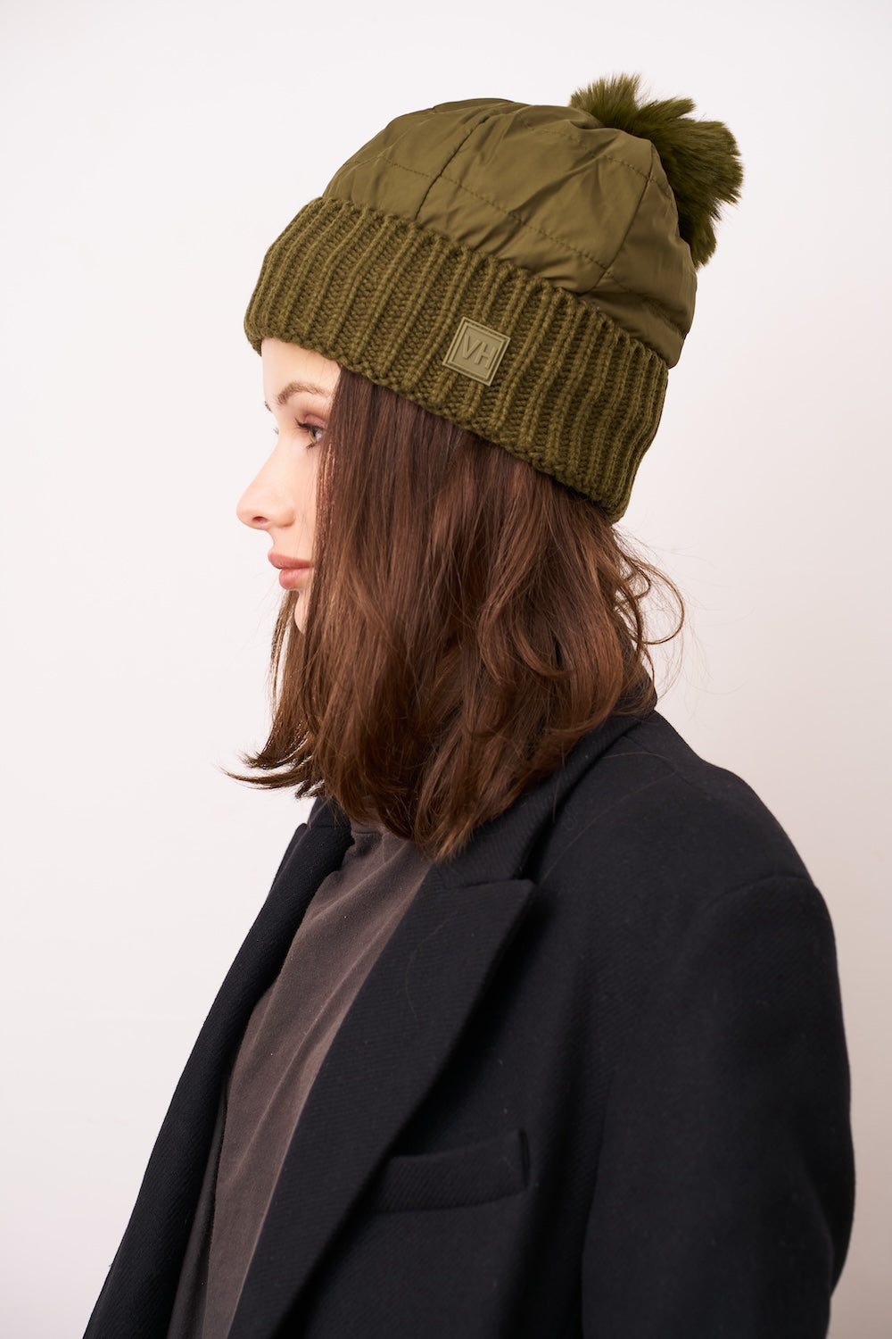 PUFFER POMPOM HAT - OLIVE
