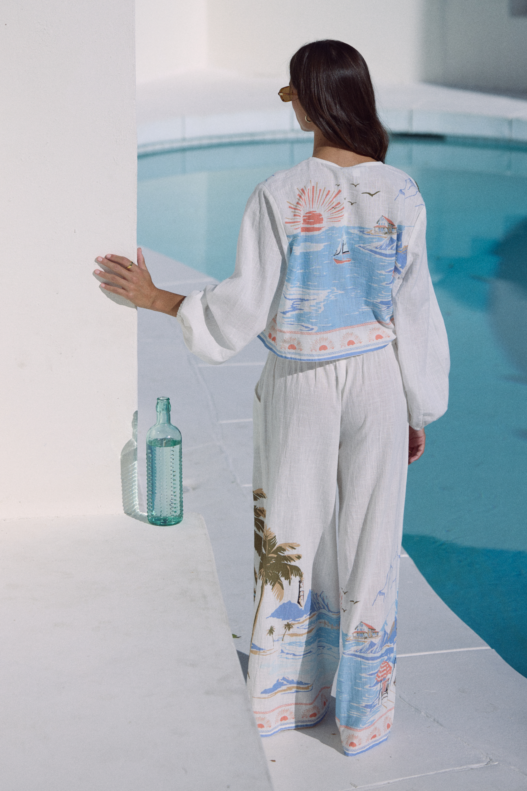 Printed Linen Long Sleeve Tie Top