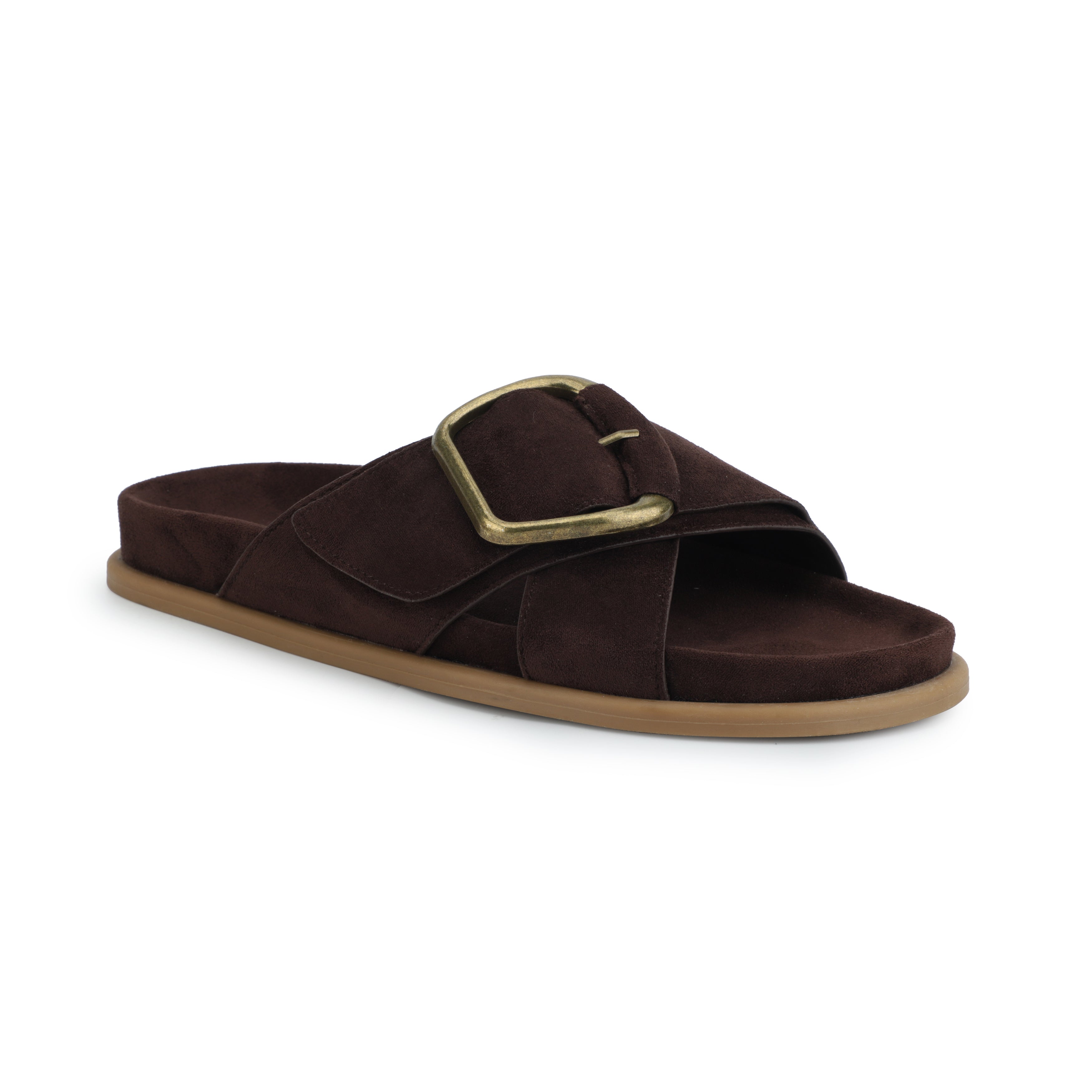 Brown sandal with a gold buckle on a white background