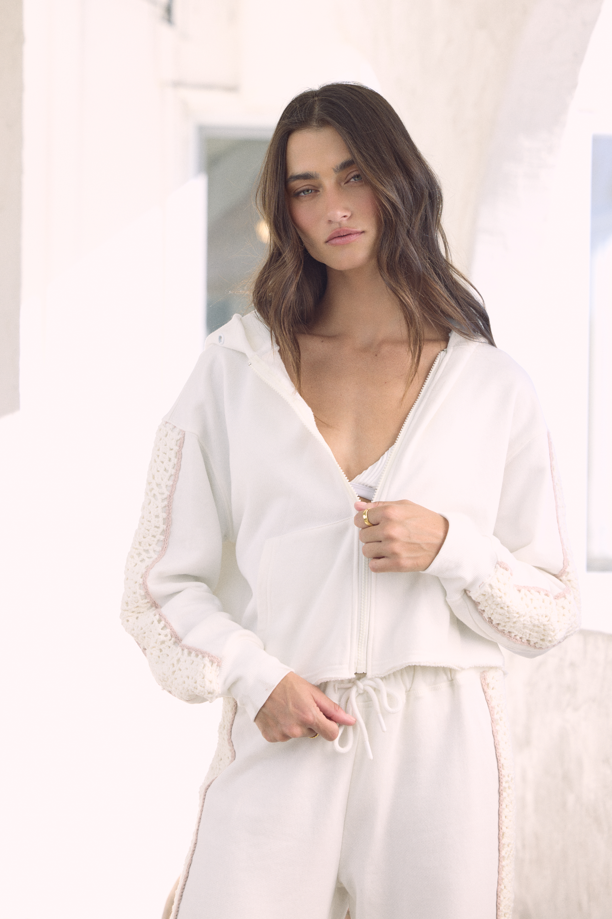 French Terry Zip-Up Sweatshirt with Square Crochet Insert