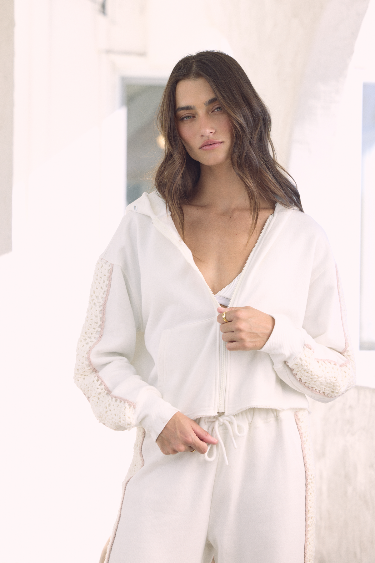 French Terry Zip-Up Sweatshirt with Square Crochet Insert