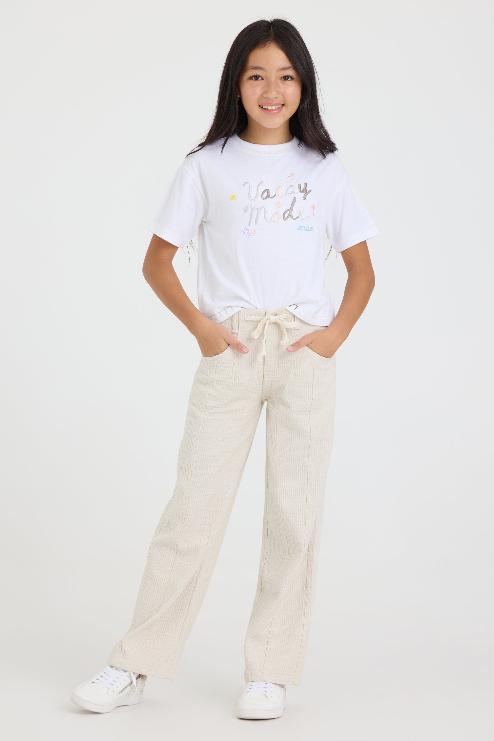 Kids Ivory Textured Pintuck Wideleg Pant with Drawstring