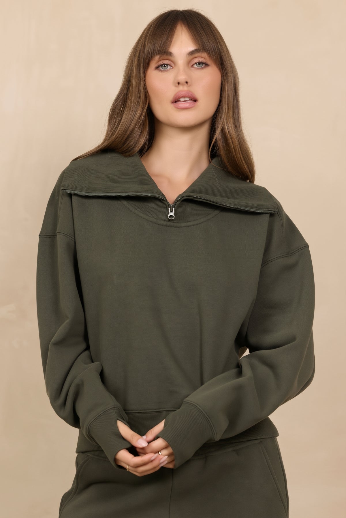 Soft Surf Wash Zippered Mockneck 2-Piece Set in Army Olive