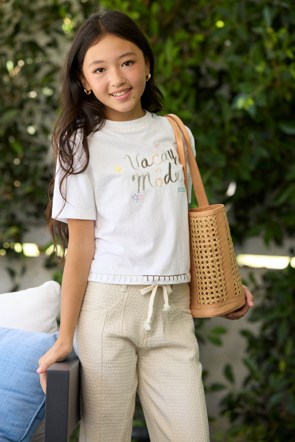 Kids Vacay Mode Embroidered Crochet Stitch Boxy Tee