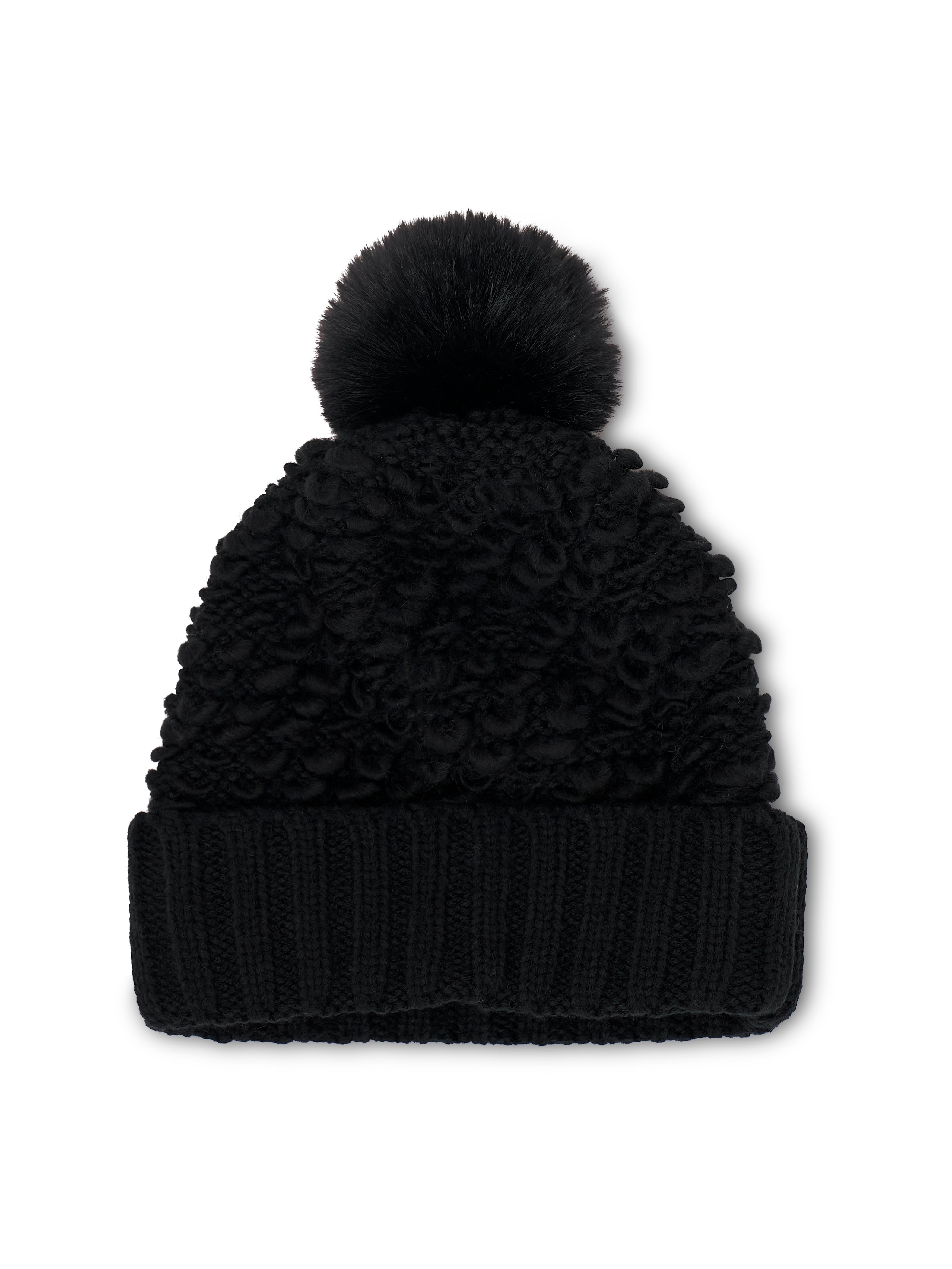 TURN UP POMPOM HAT - BLACK