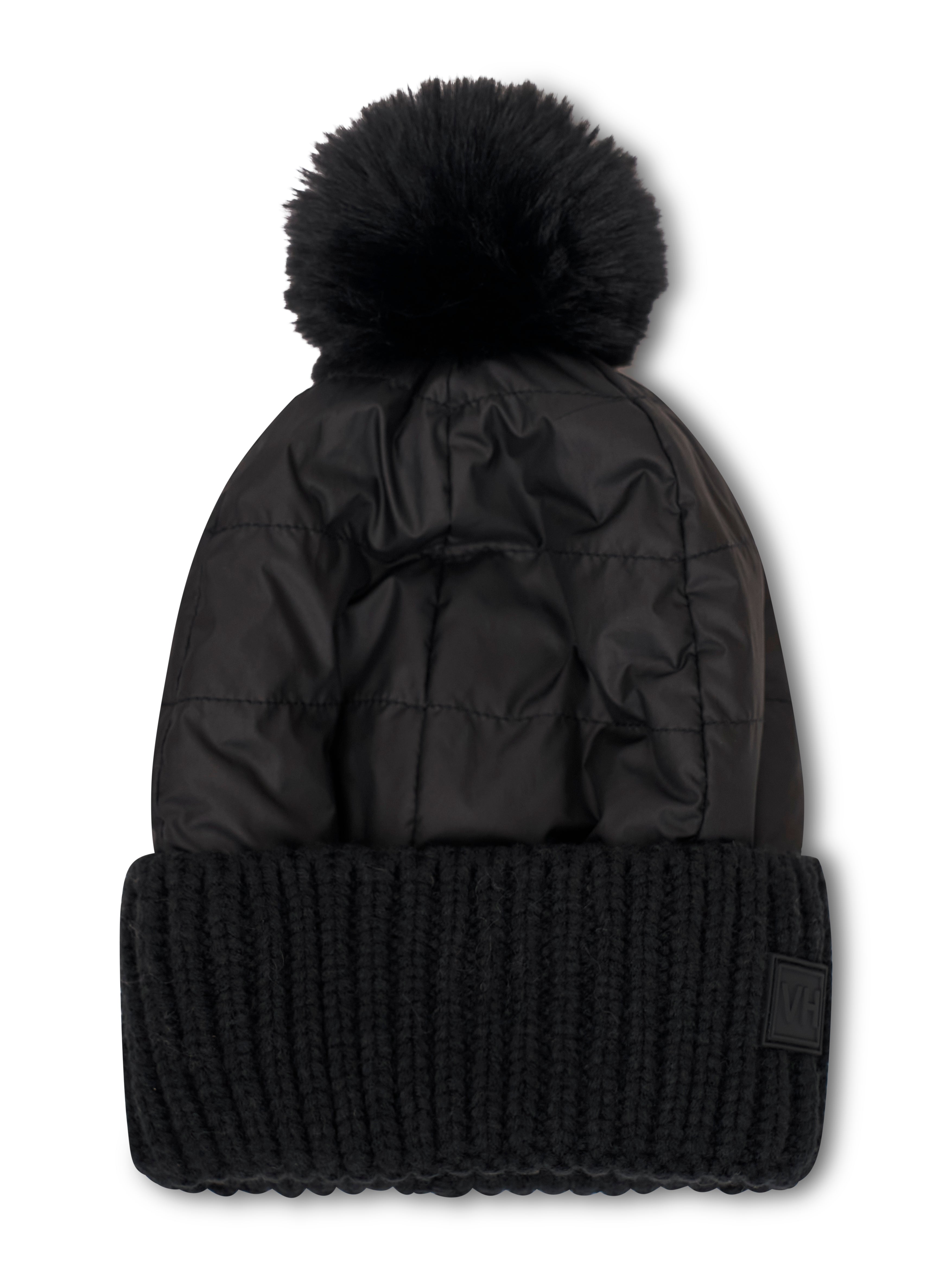 PUFFER POMPOM HAT - BLACK