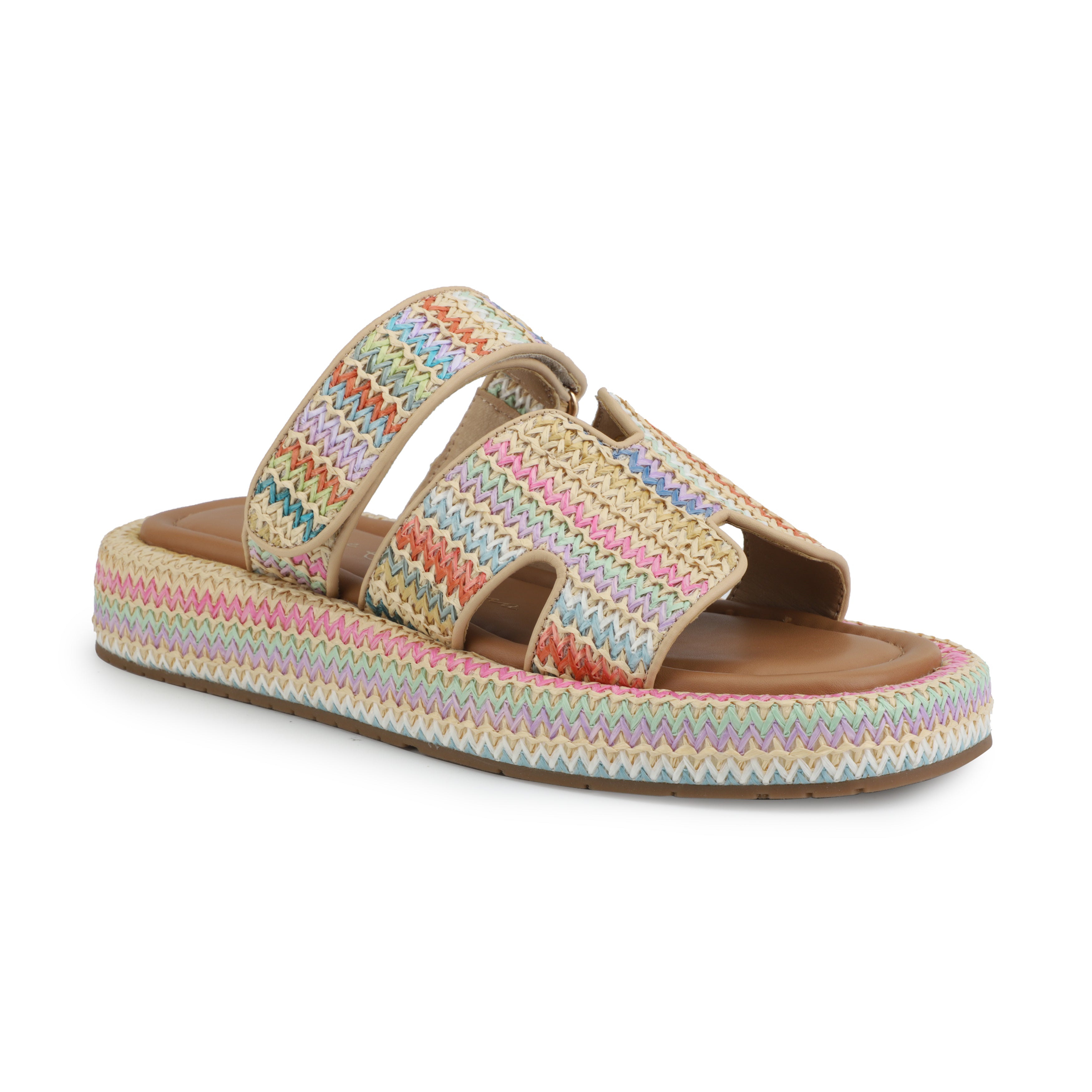 Multicolored woven sandal on a white background