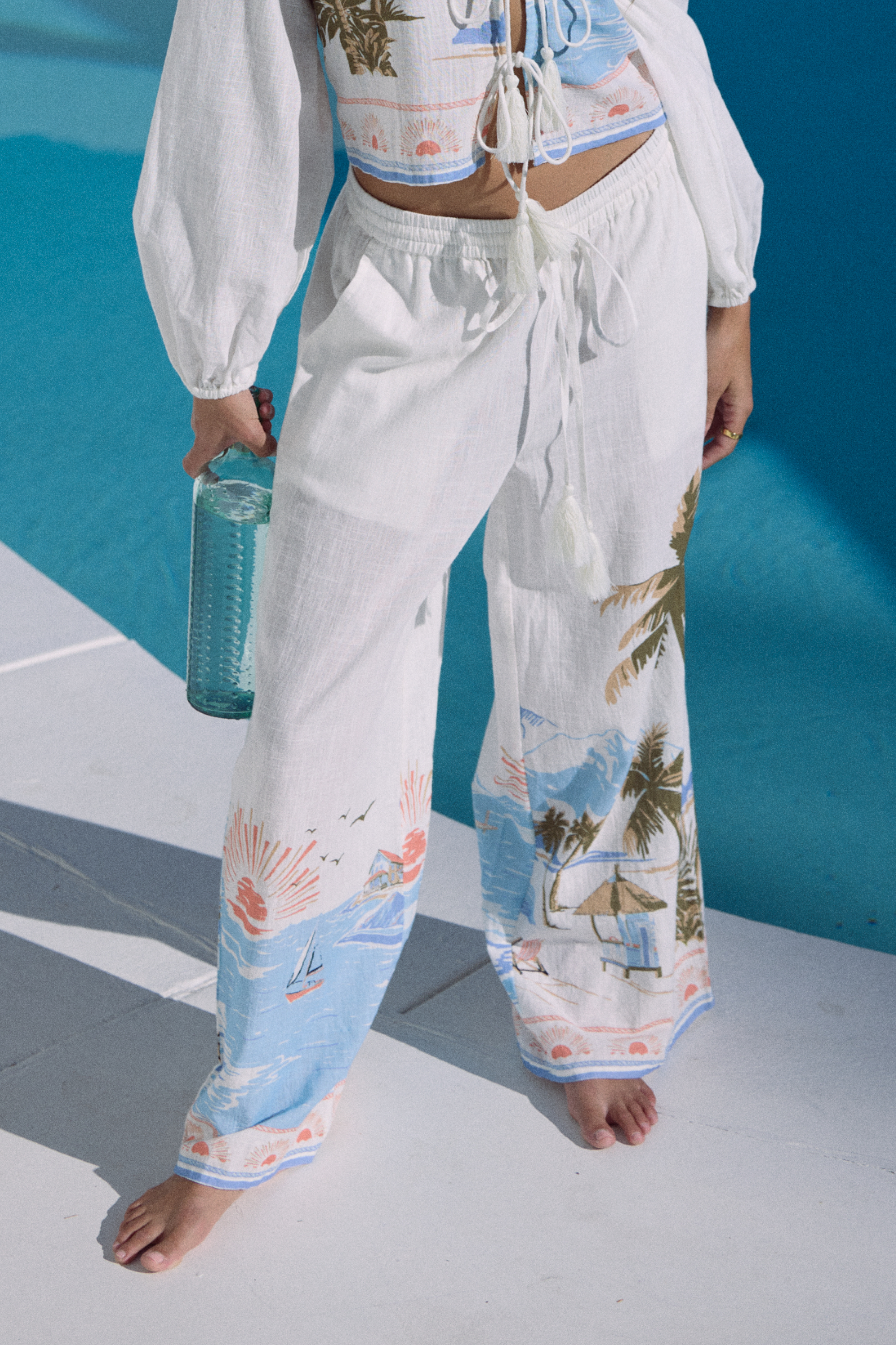 Printed Linen Wide Leg Pant