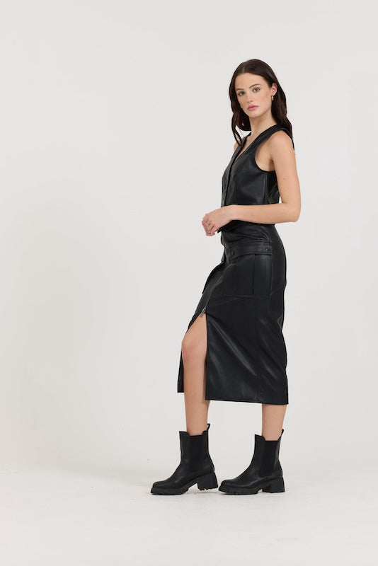 Black Leather Skirt + Vest 2-Piece Set