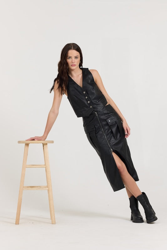 Black Leather Skirt + Vest 2-Piece Set