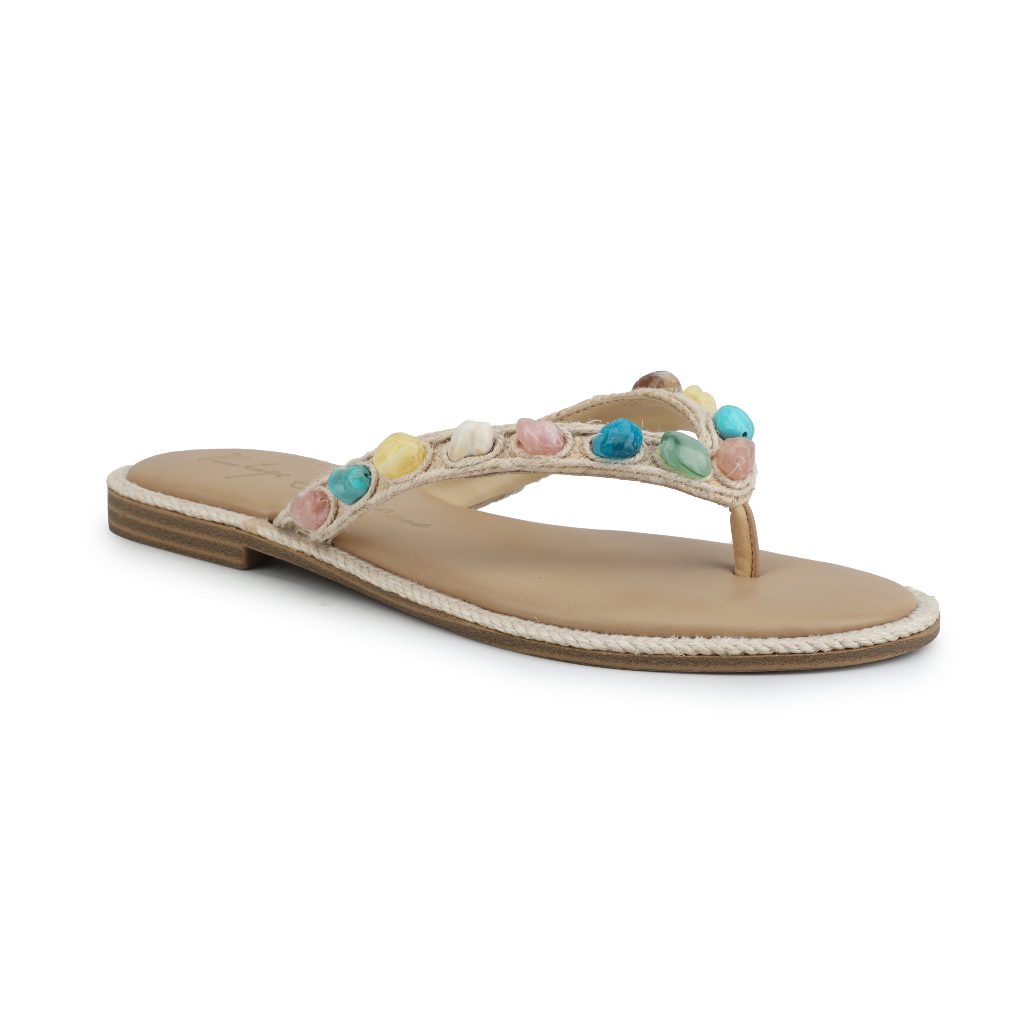 Beige sandal with colorful embellishments on a white background