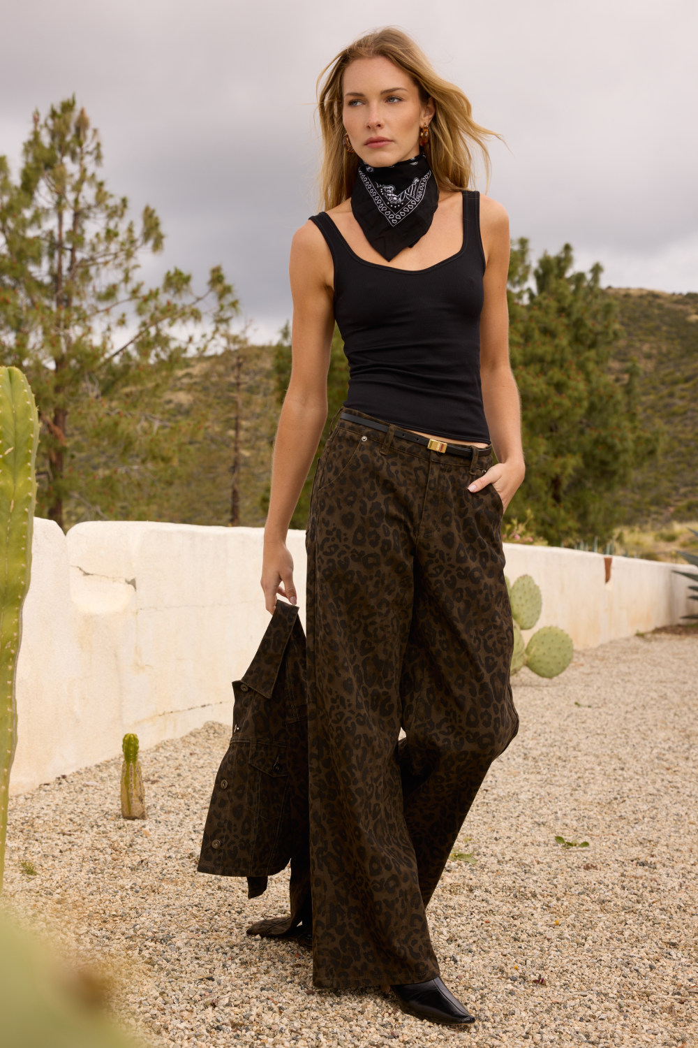 Stretch Denim Print Wide Leg Pant