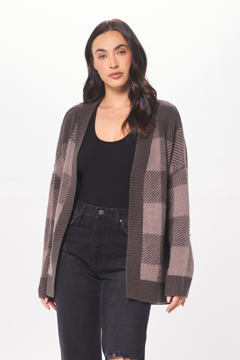 Taupe Checker Plaid Soft Knit Cardigan