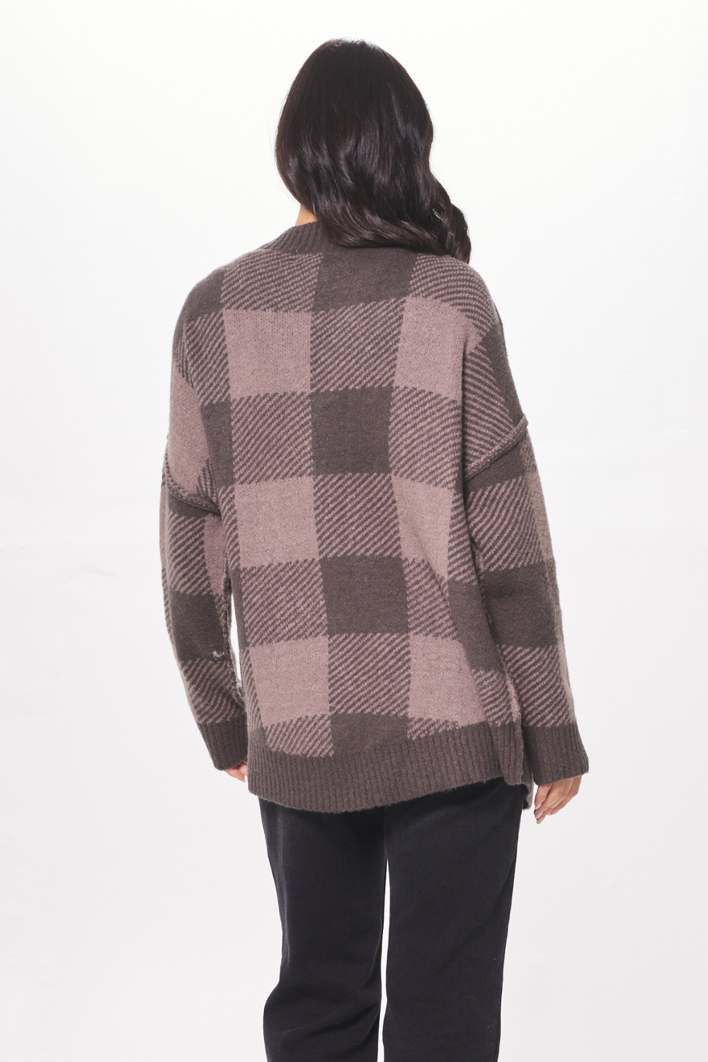 Taupe Checker Plaid Soft Knit Cardigan