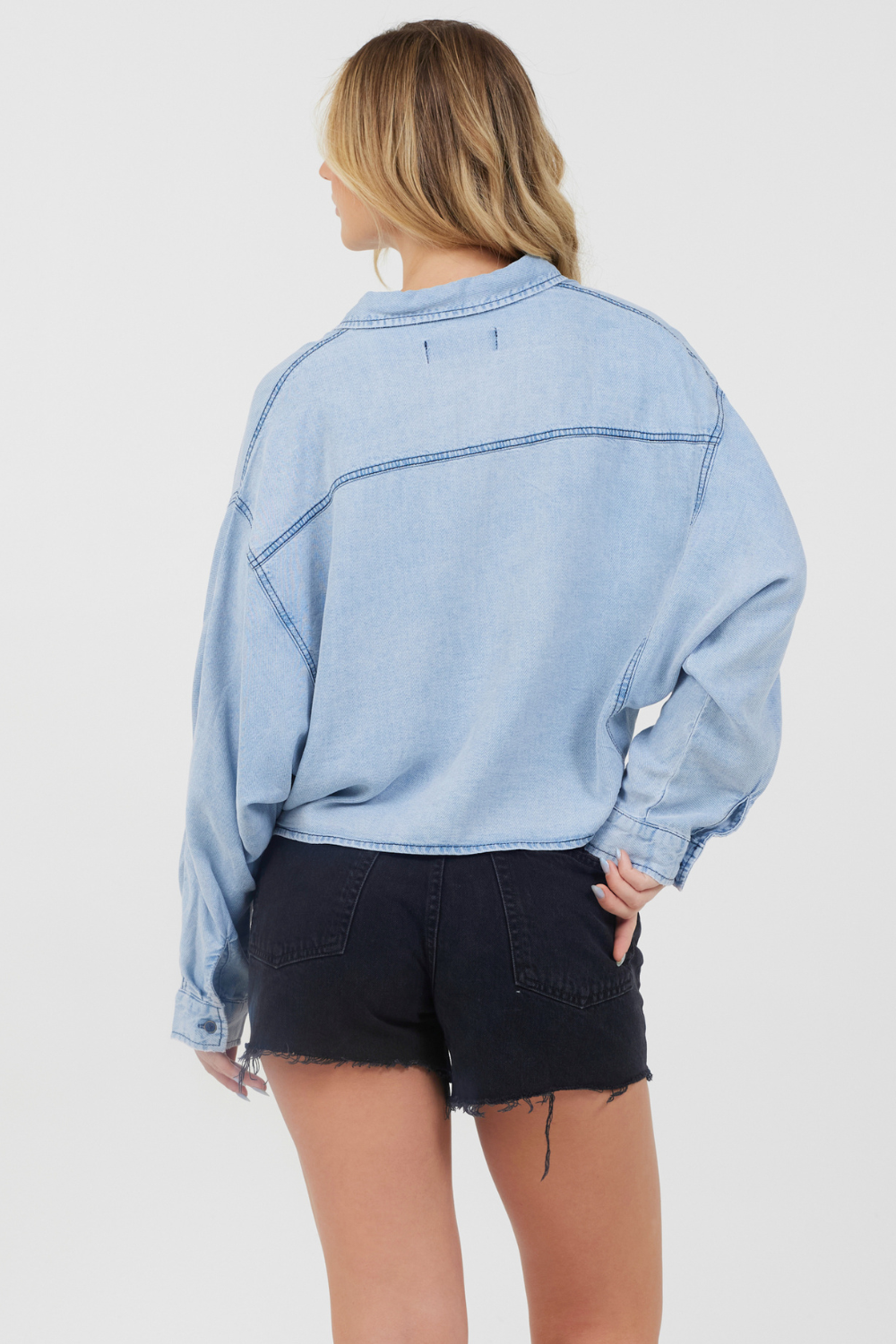 Washed Denim Tencel Cropped Button Up