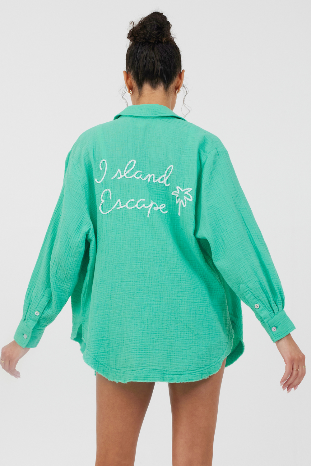 Super Green/ Soft Ivory Embroidery Detail Gauze Shirting