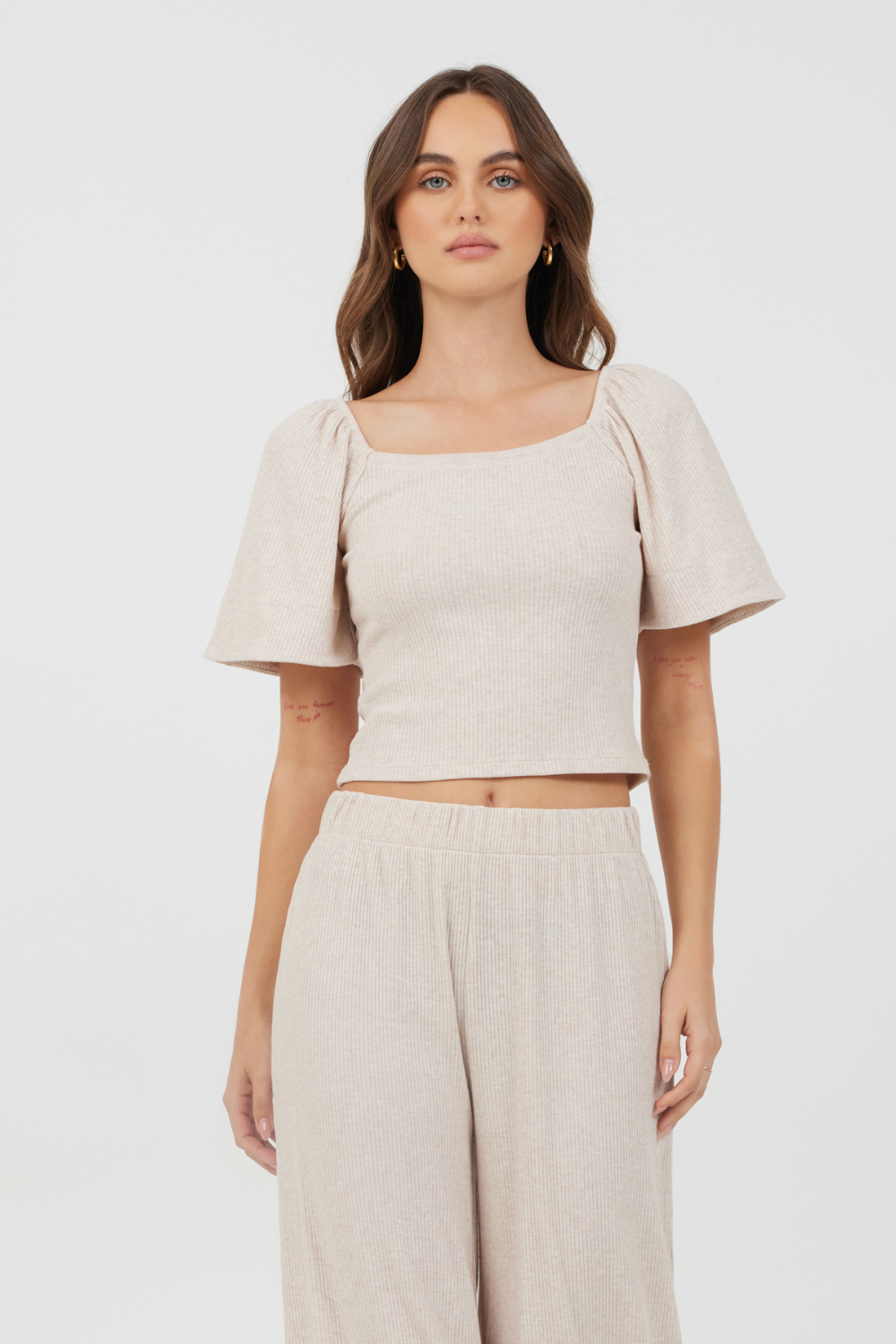 Heather Oatmeal Drapey Knit Puff Sleeve Top