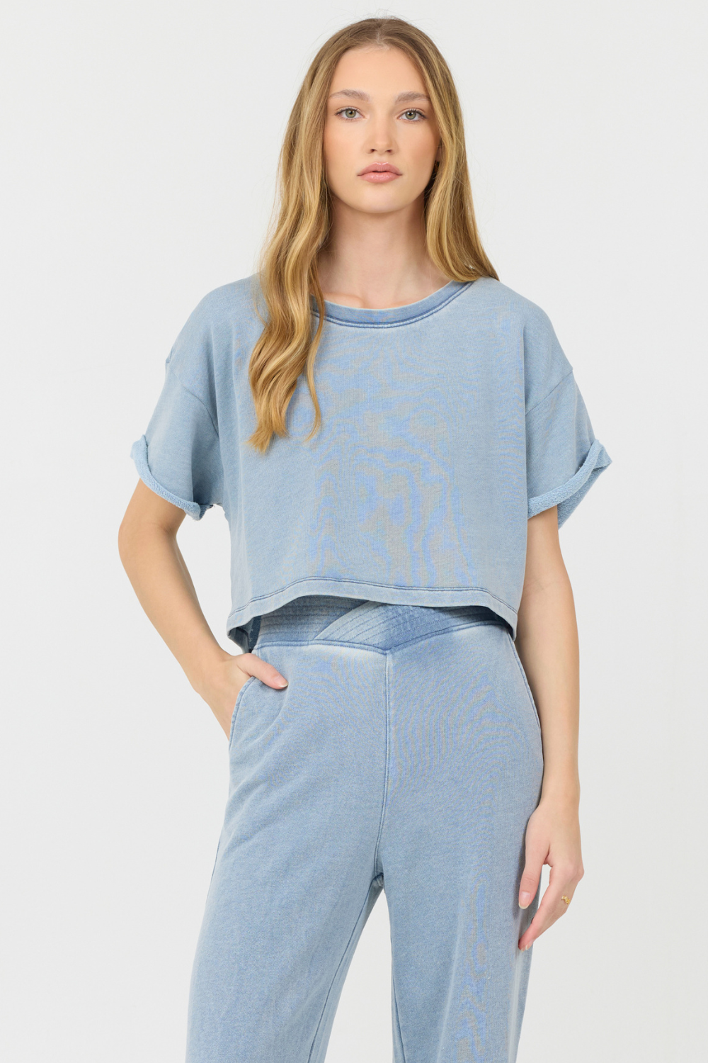 Washed Denim Terry Fleece Cropped Shirt