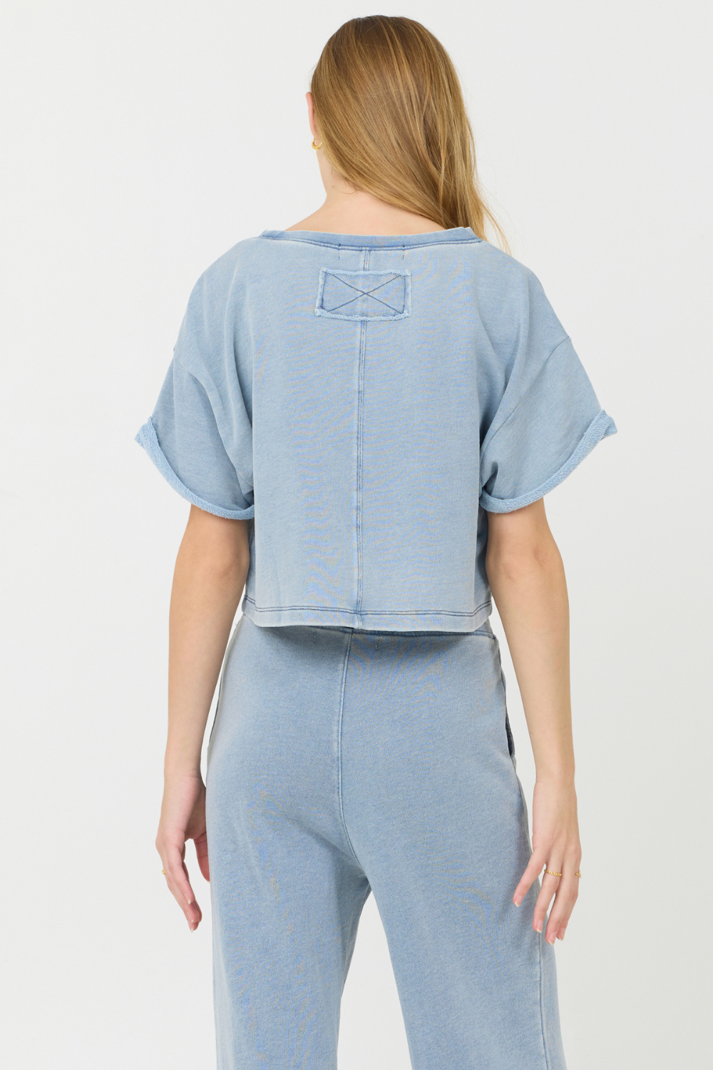 Washed Denim Terry Fleece Cropped Shirt