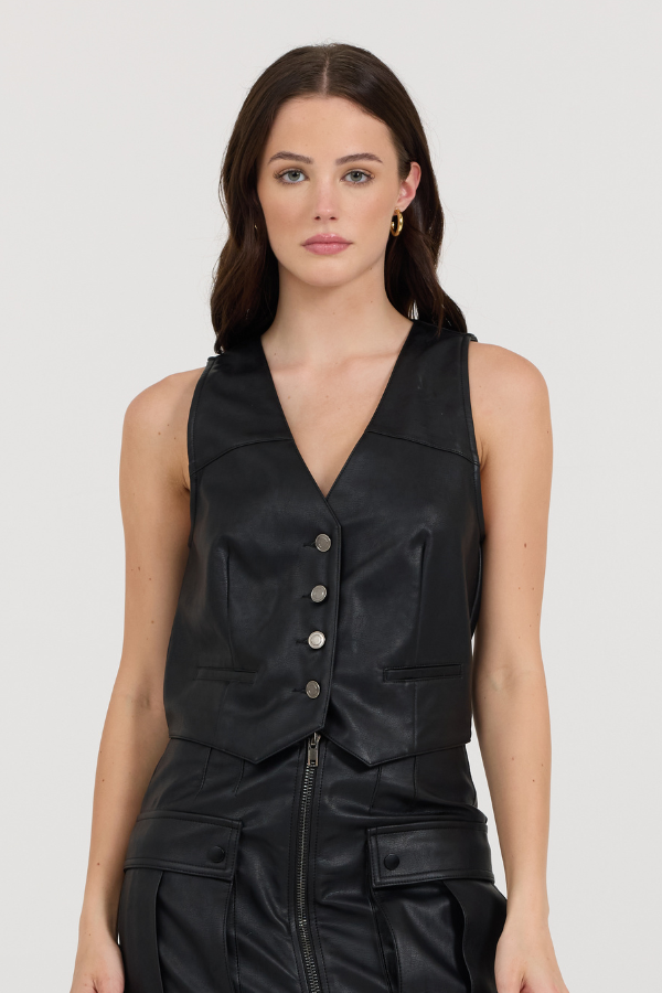 Black Leather Button Front Vest Medium / Black Black Leather Button Front Vest Medium / Black