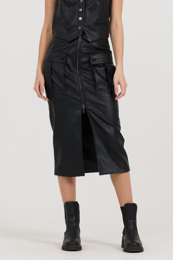 Black leather Zip Front Midi Skirt VintageHavana