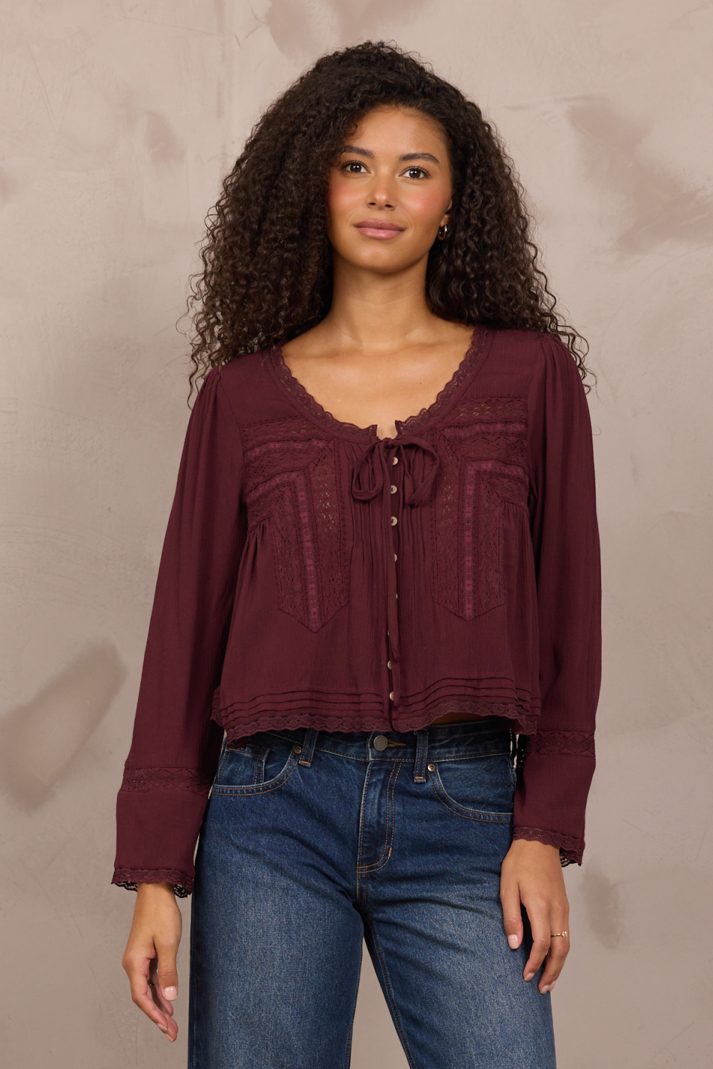 WINE LONG SLEEVE BLOUSE W/ LACE DETAIL