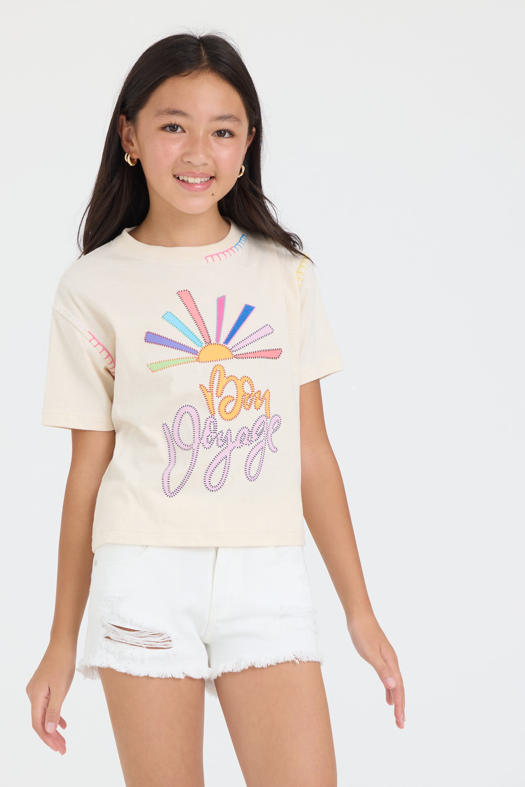 Kids Distressed Denim Short with Embroidered Pocket