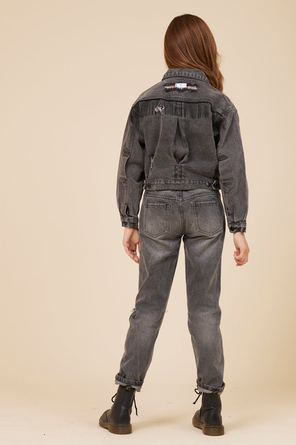 RHINESTONE FRINGE BLACK DENIM JACKET