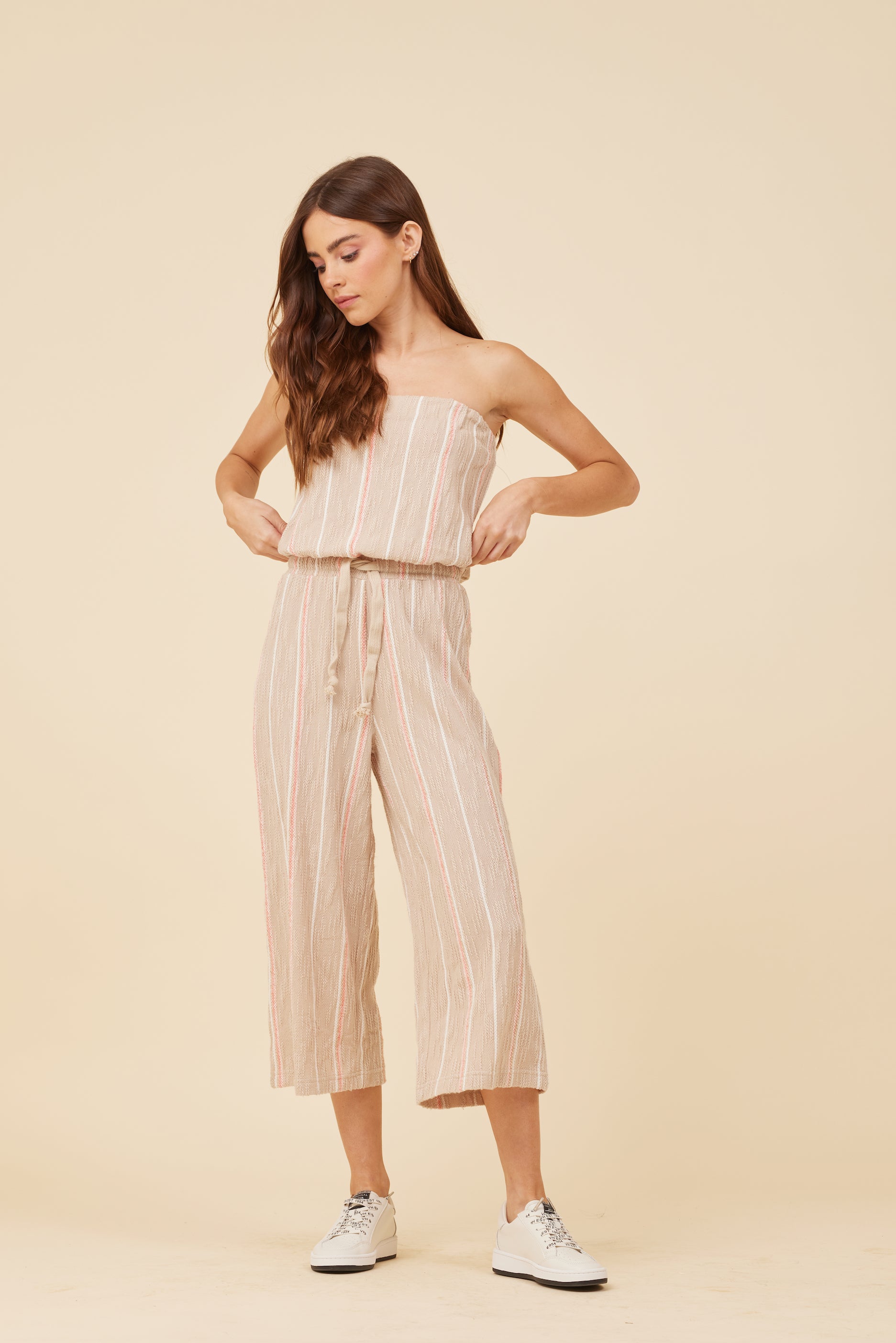 Soft Tan w Mixed Stripes Textured Jumpsuit Small Soft Tan