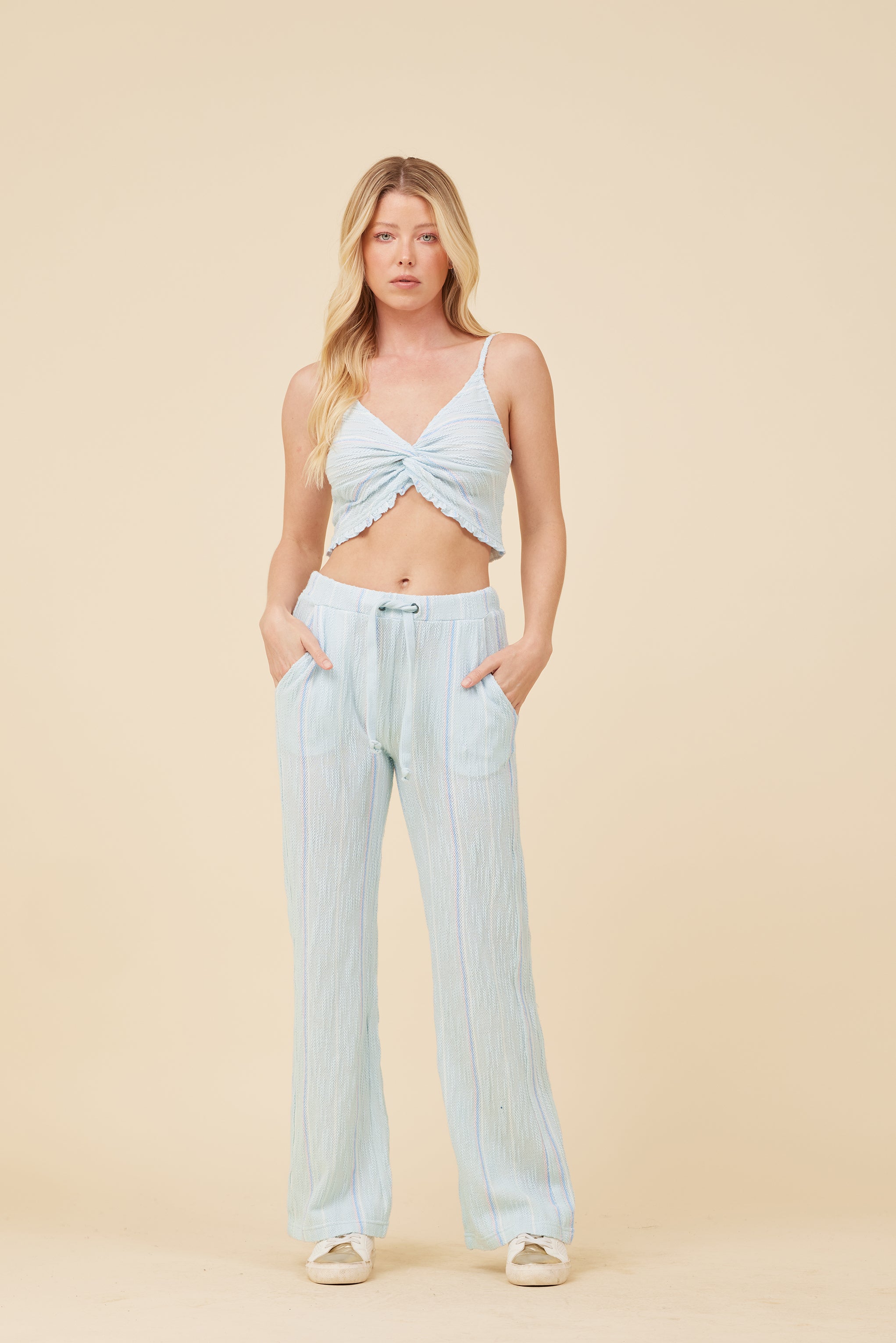 Soft Blue w/ Mixed Stripes Textured Cropped Tank