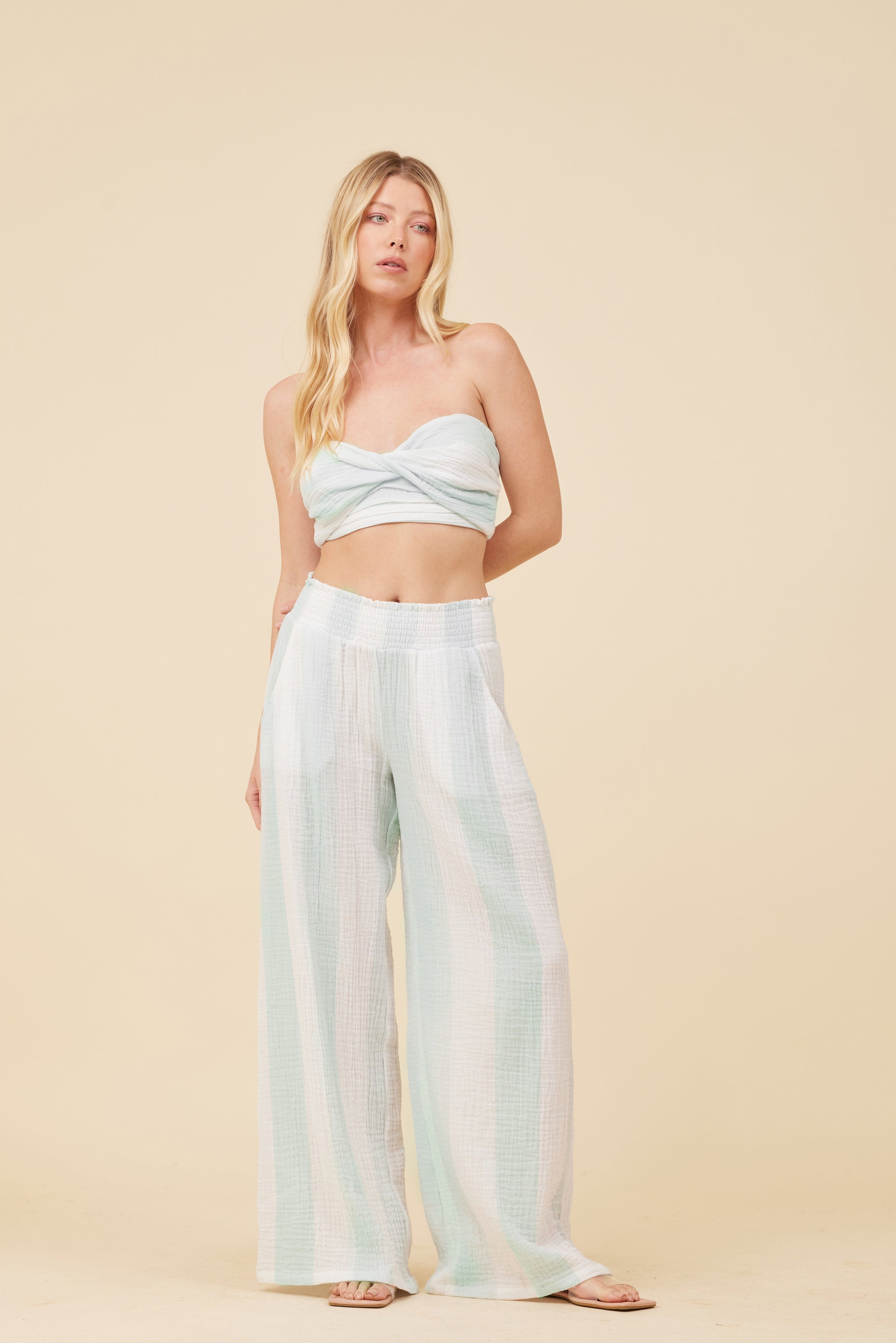 Mint & White Cabana Stripe Gauze Bandeau Crop Top